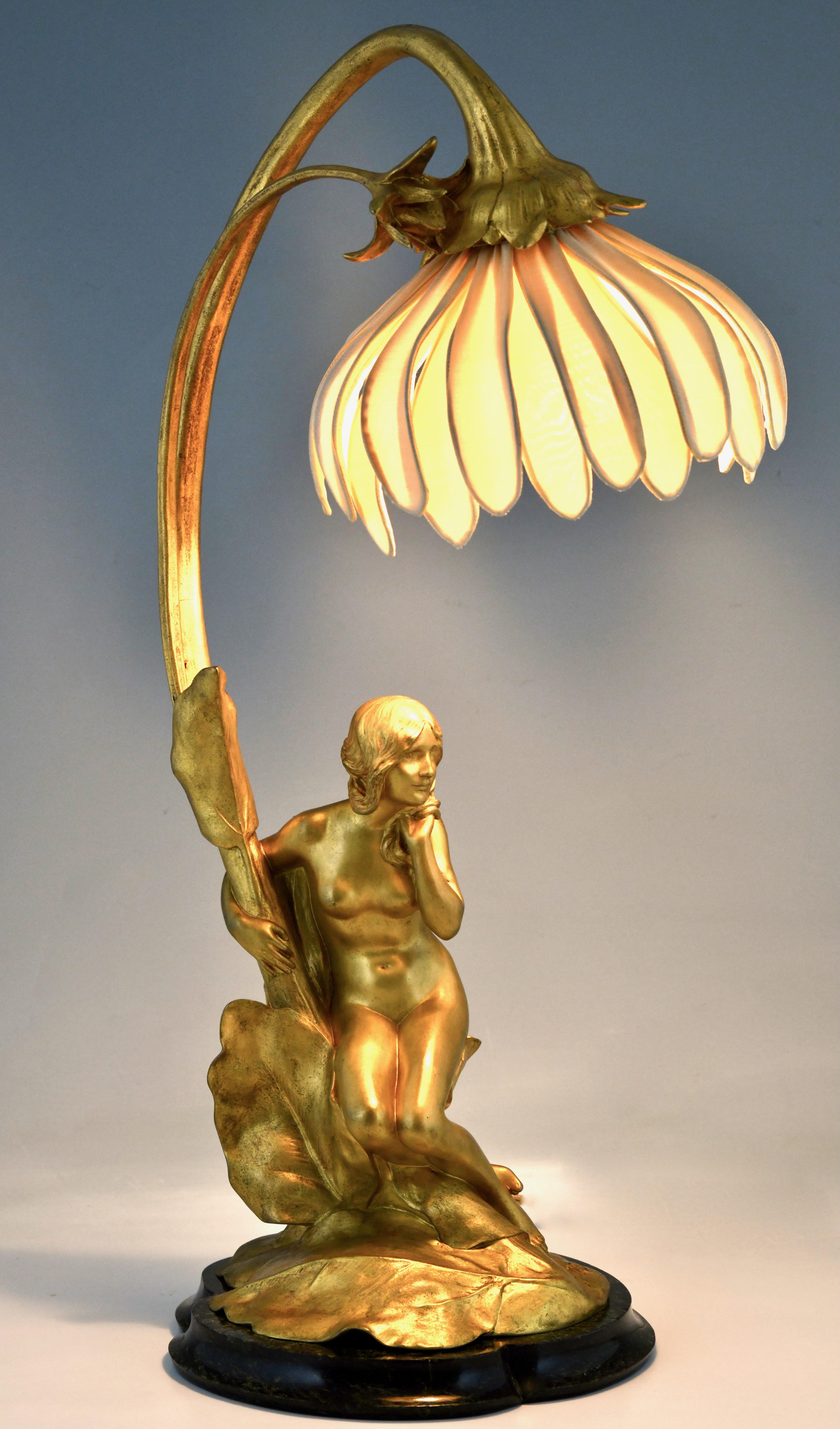 French Art Nouveau Gilt Bronze Lamp with Nude by Maurice Bouval, France 1906