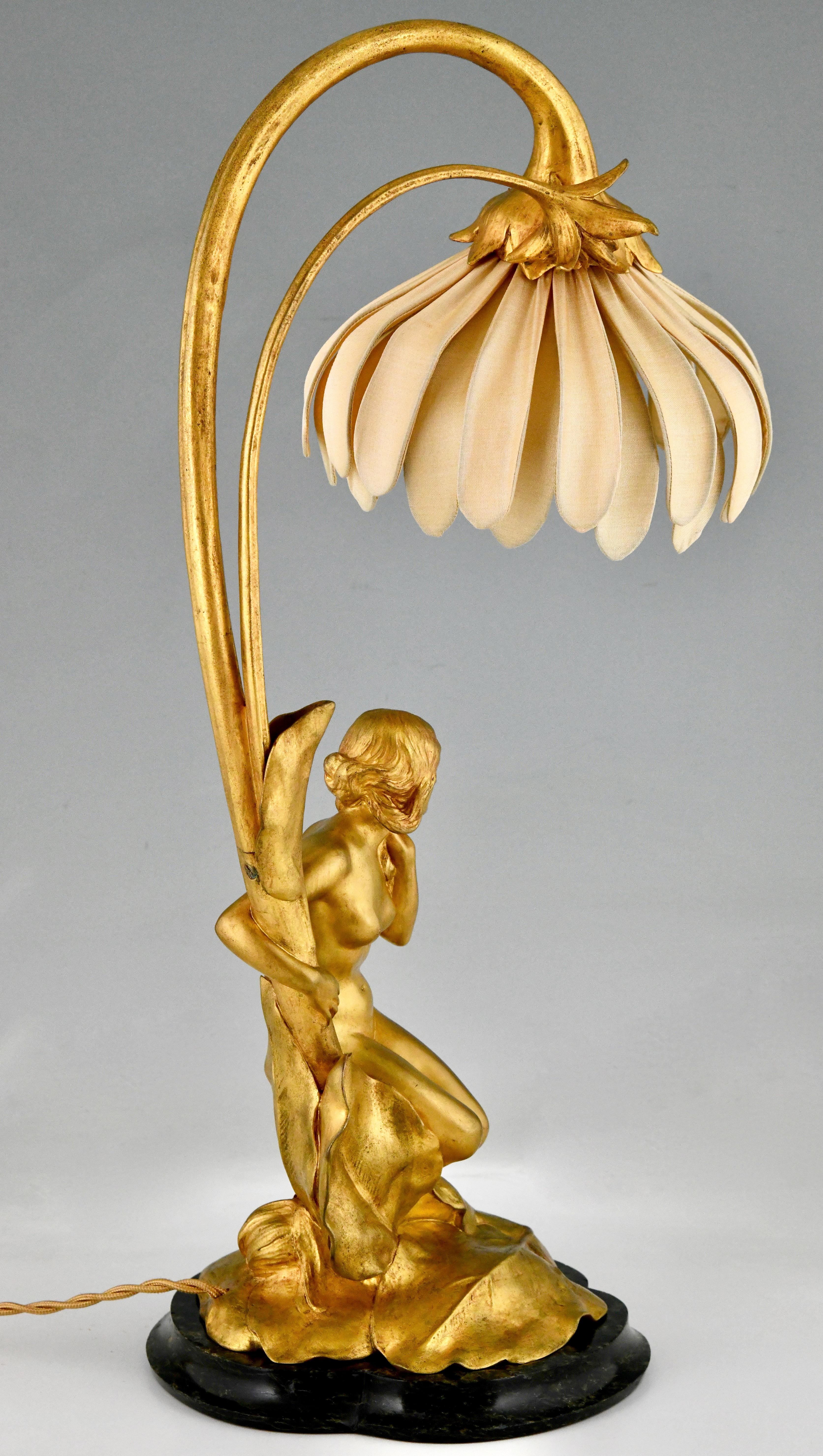 Early 20th Century Art Nouveau Gilt Bronze Lamp with Nude by Maurice Bouval, France 1906