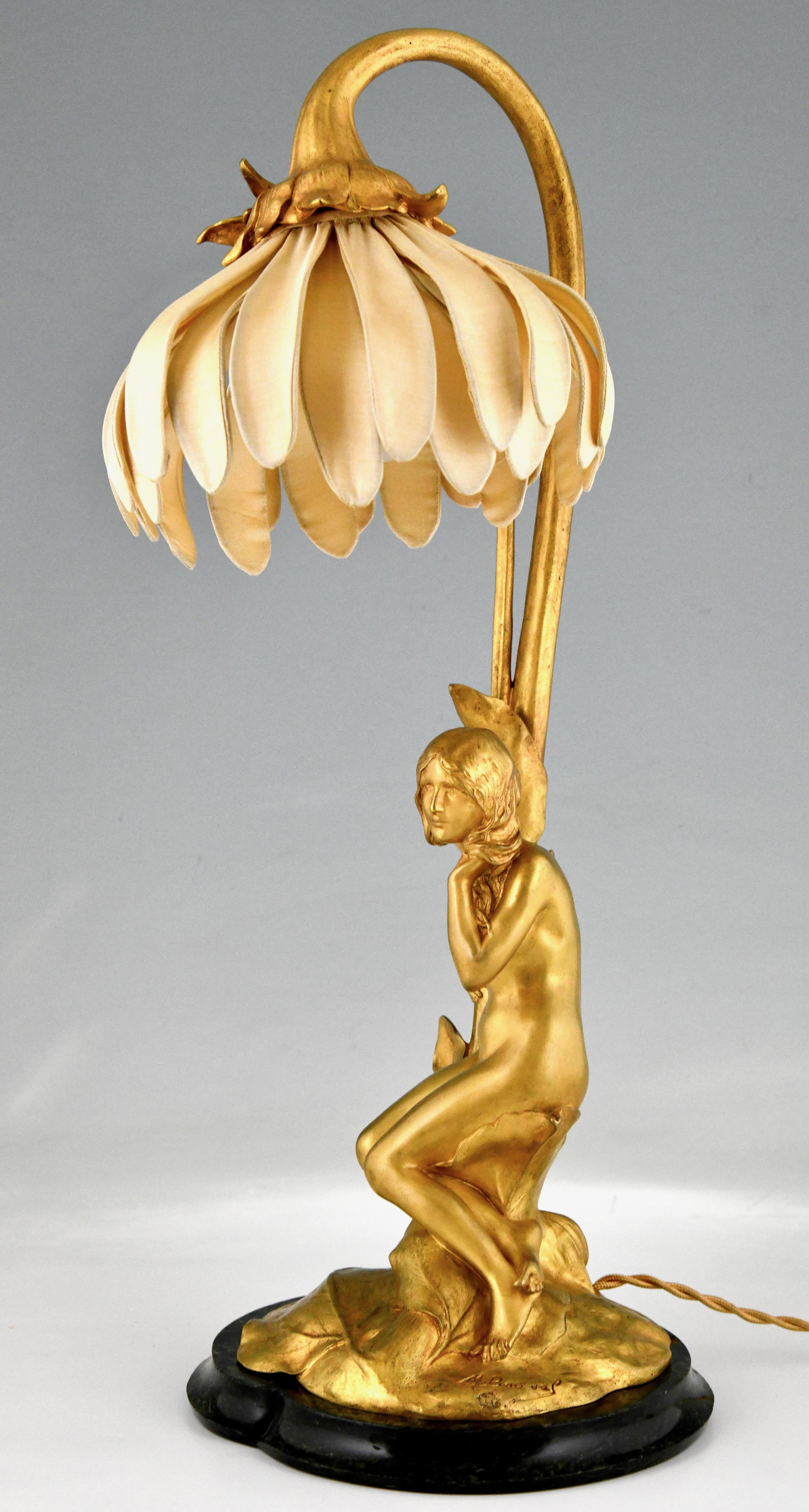 Art Nouveau Gilt Bronze Lamp with Nude by Maurice Bouval, France 1906 3