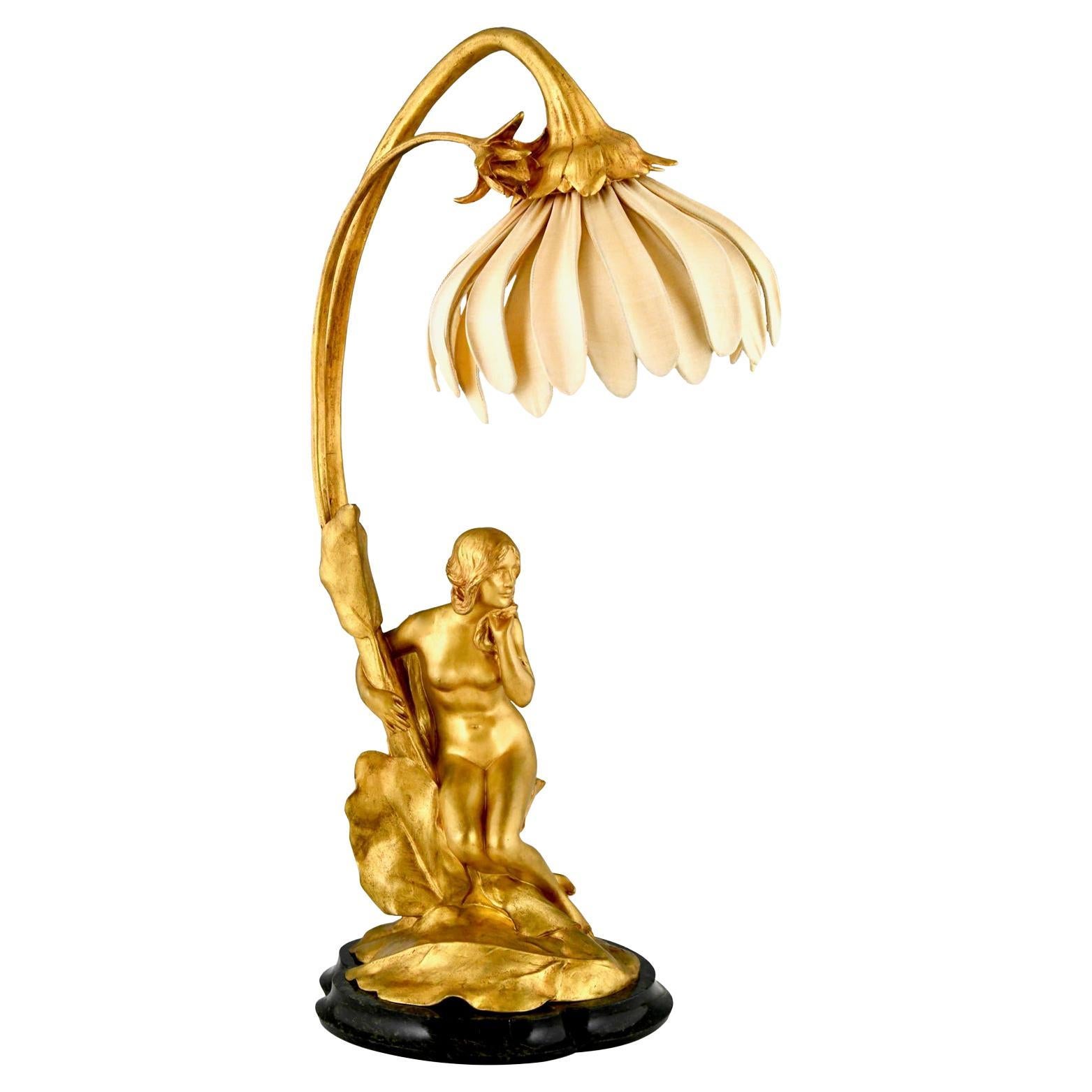 Art Nouveau Gilt Bronze Lamp with Nude by Maurice Bouval, France 1906