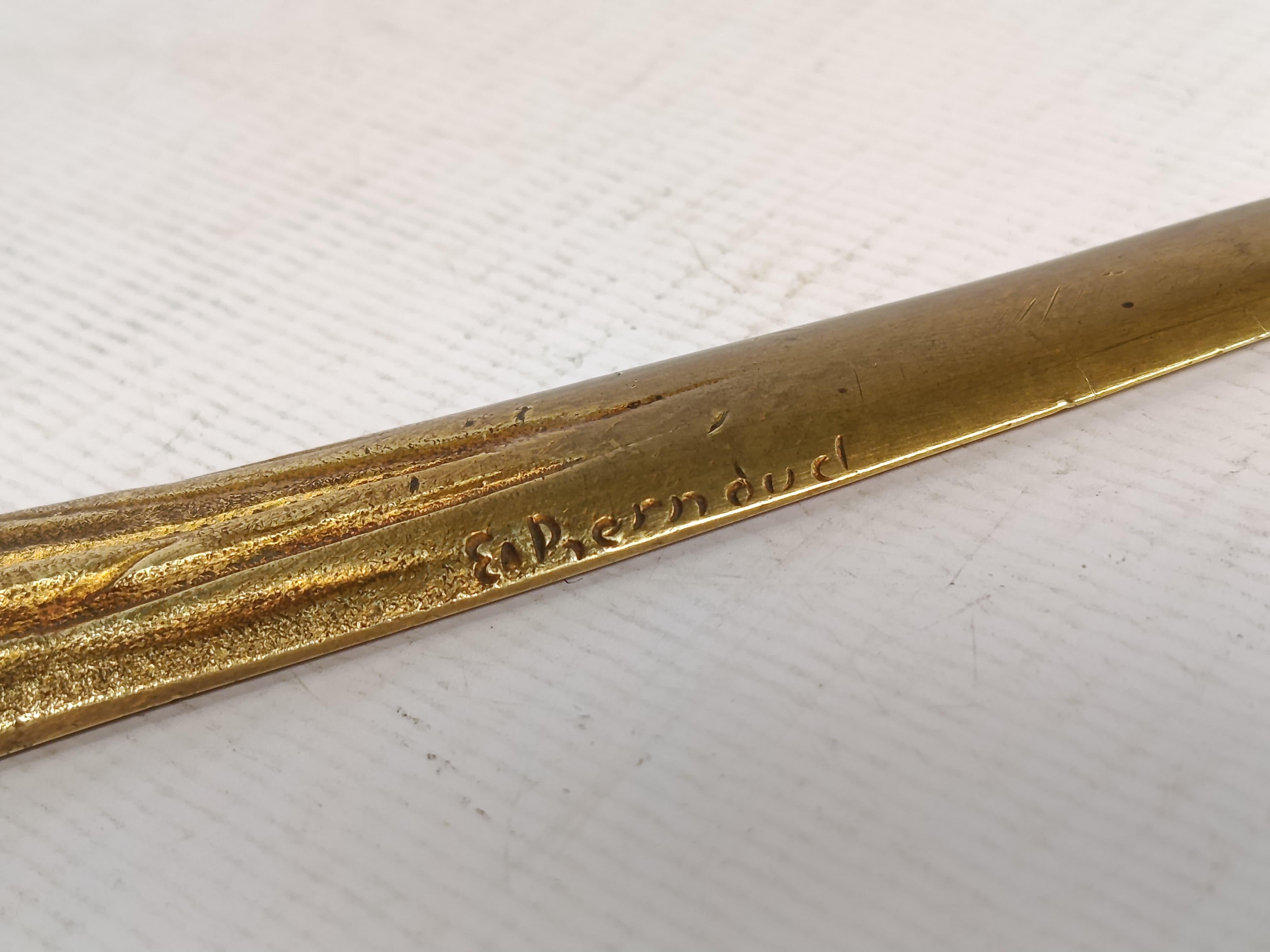 Art Nouveau gilt bronze letter opener, France, circa 1910 – attributed to E. Bernaud

Description:
Elegant and refined letter opener from the Art Nouveau period, made in France around 1910. Crafted in gilt bronze using the lost-wax casting