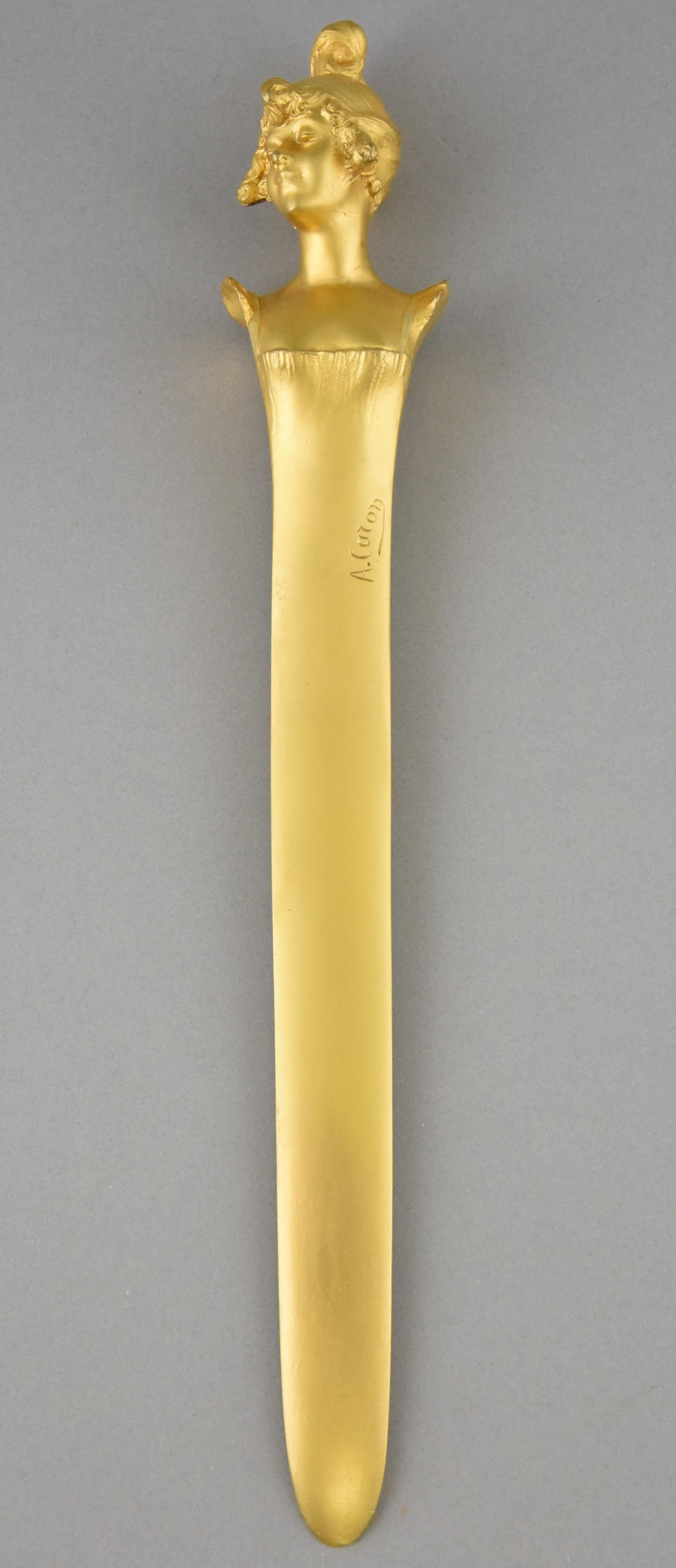 Early 20th Century Art Nouveau Gilt Bronze Letter Opener with Lady Alexandre Auguste Caron 1900