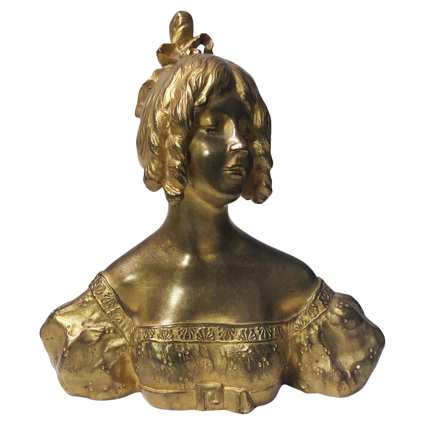 Art Nouveau gilt bronze maiden, stamped for Louchet Foundry France, circa 1910. Lovely patination shows very little signs of wear and is very even throughout. Measures: 6.50 x 3.0 x 6.50 inches. Weight: 1.5 kg.