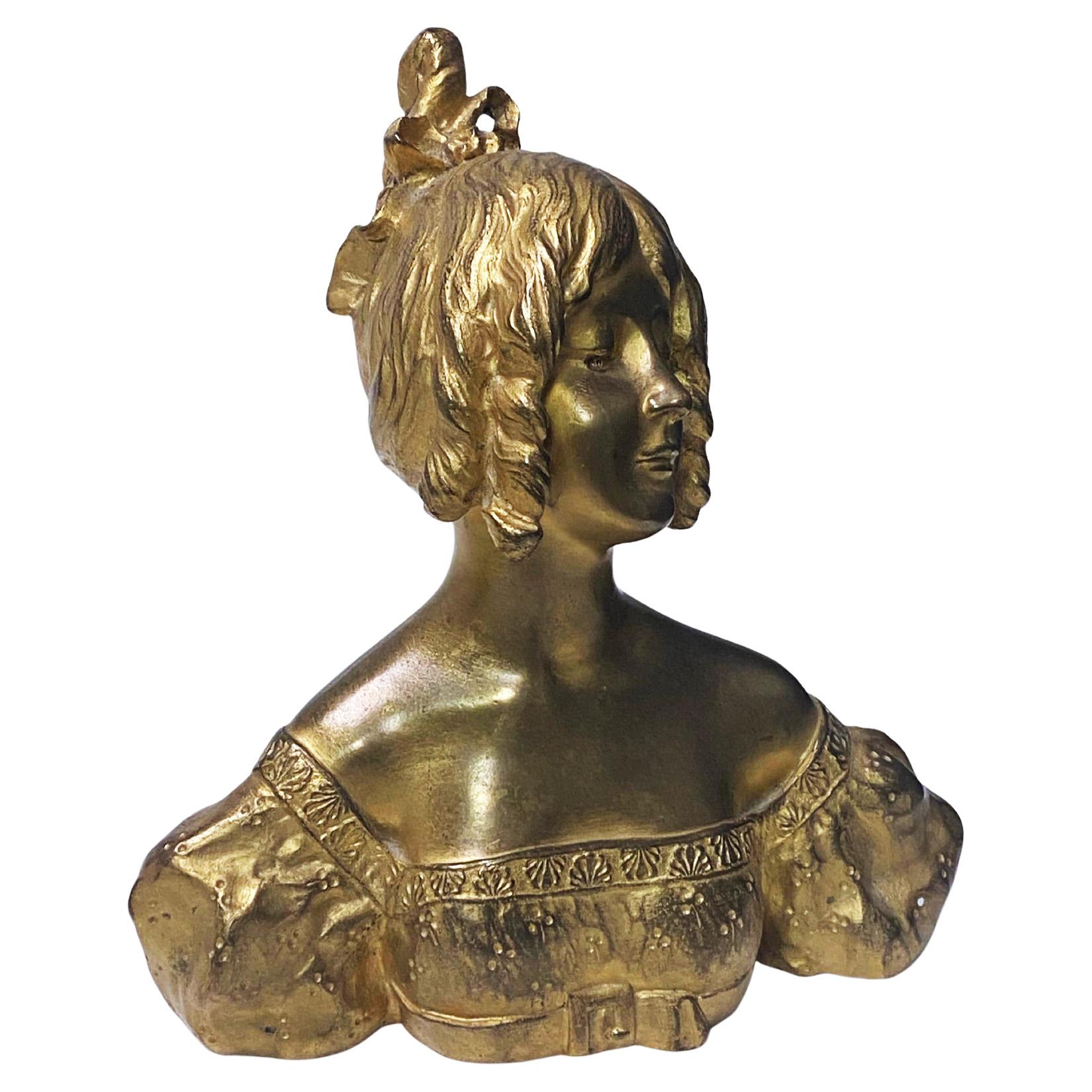 French Art Nouveau Gilt Bronze Maiden, Stamped for Louchet Foundry France, circa 1920