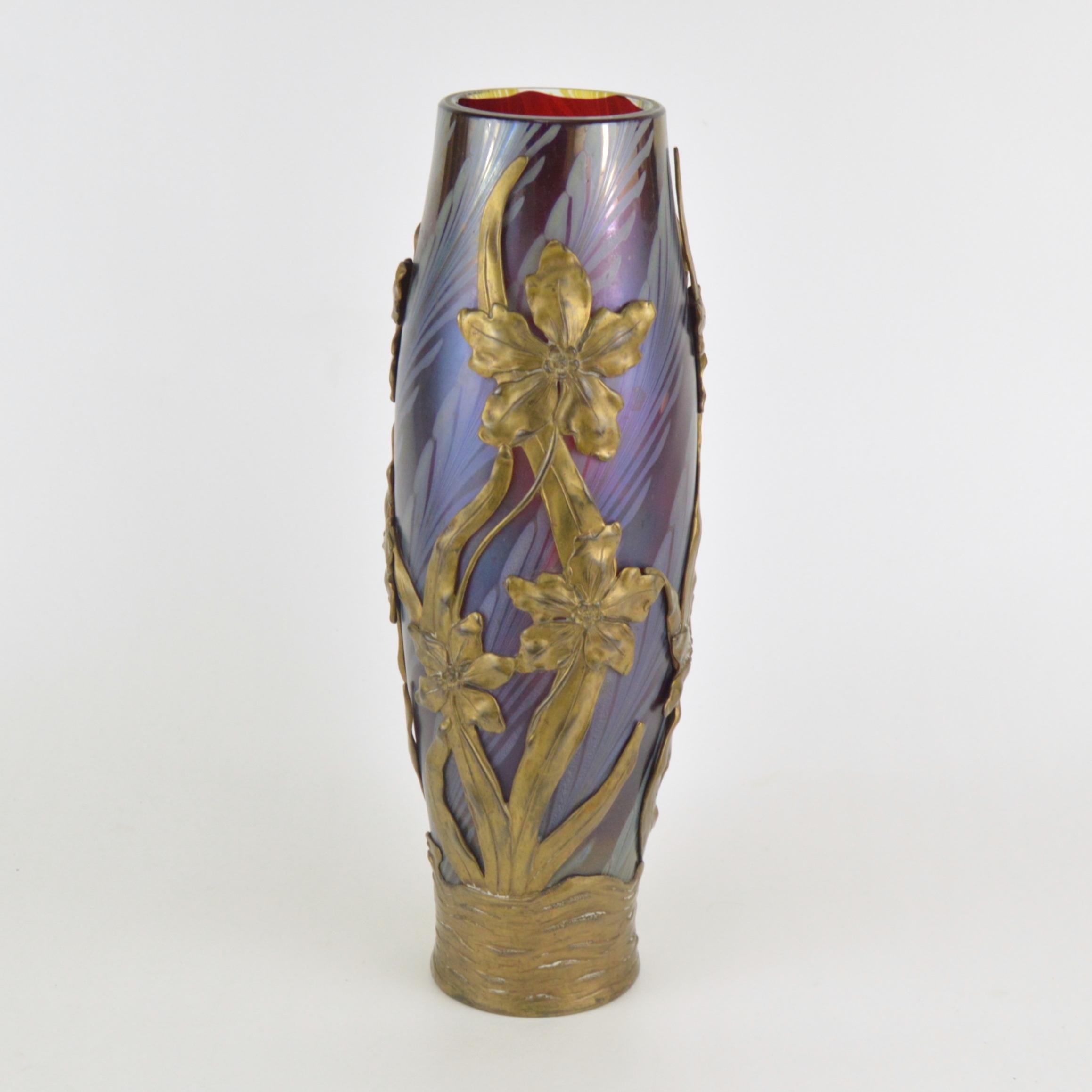 Art Nouveau gilt mounted art glass vase. Probably Czech, circa 1900.