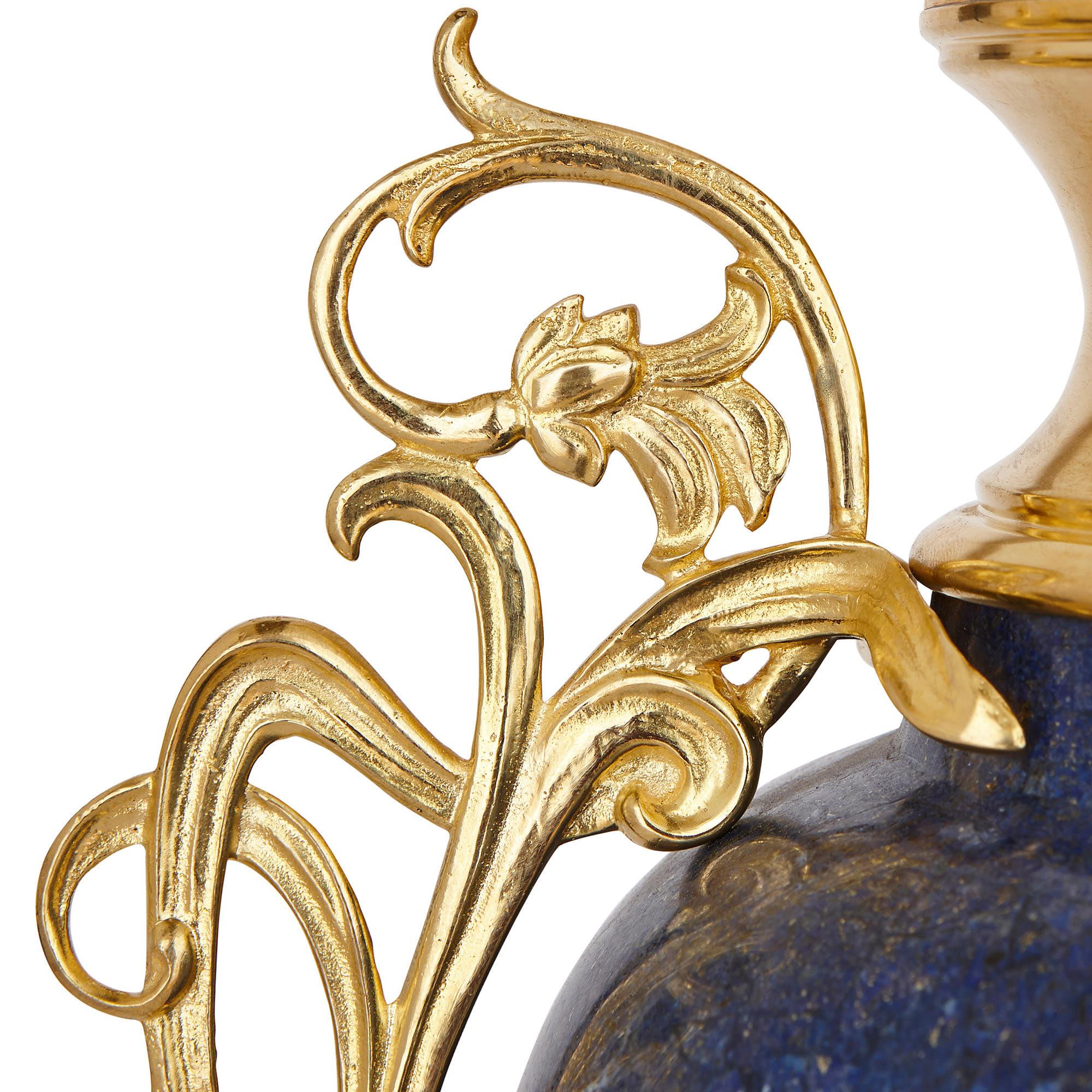 Ormolu Art Nouveau Gilt Bronze Mounted Lapis Lazuli Mantel Clock Set