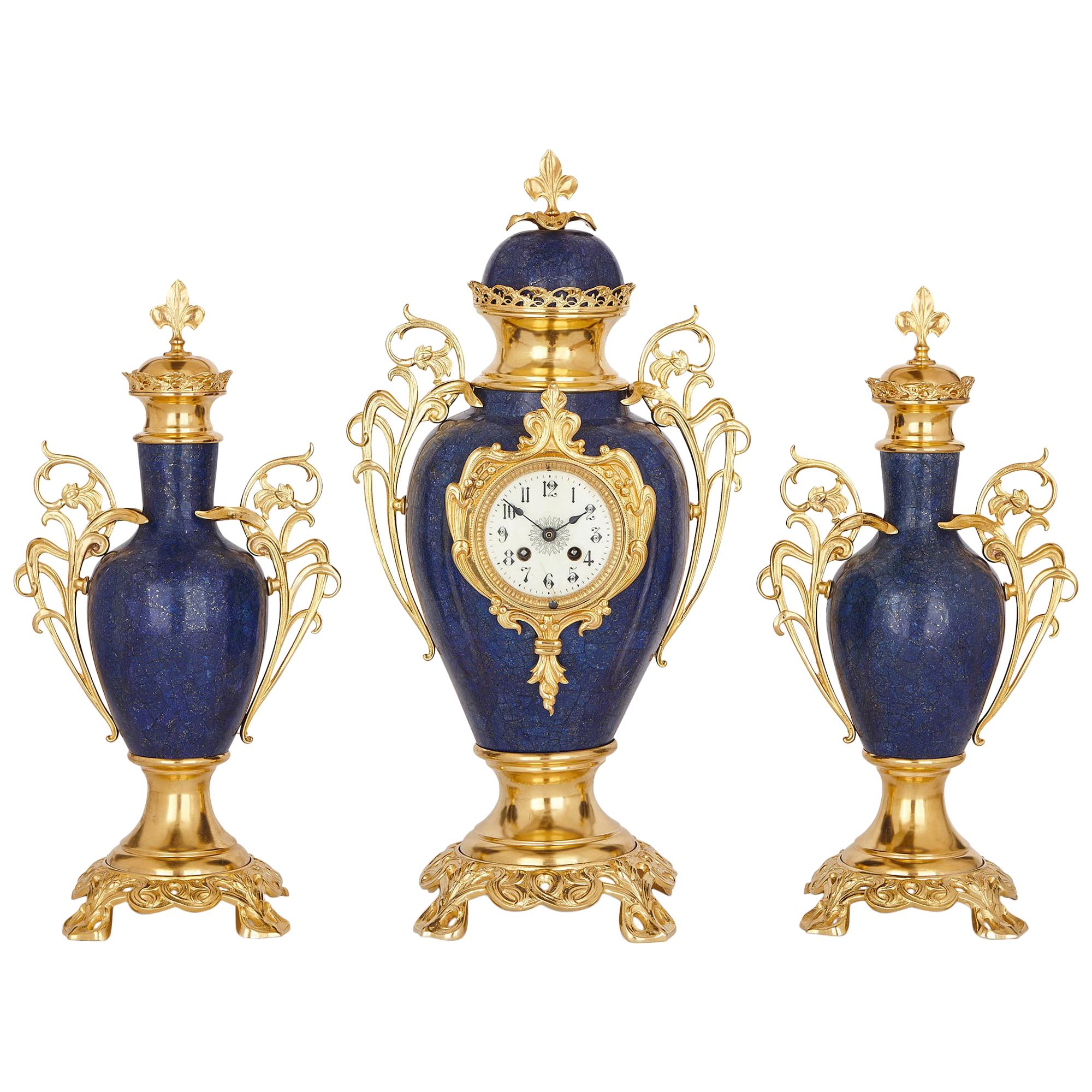 Kaminuhr-Set aus vergoldeter Bronze mit Lapislazuli und Lazuli im Jugendstil