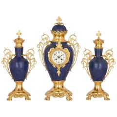 Antique Art Nouveau Gilt Bronze Mounted Lapis Lazuli Mantel Clock Set