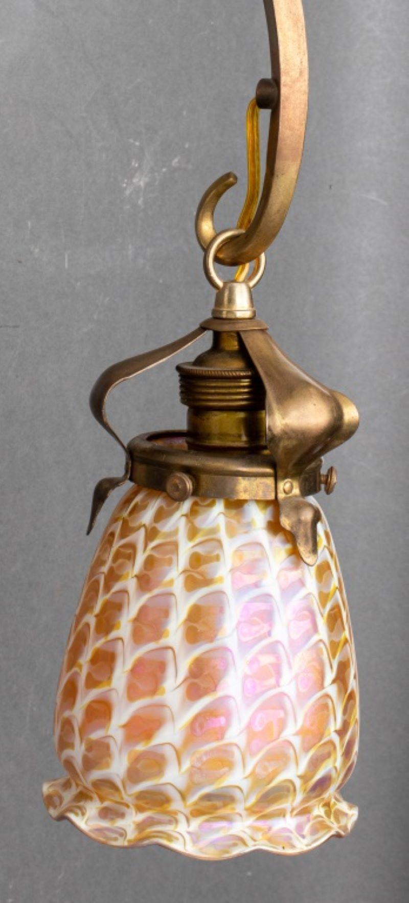 Art Nouveau Gilt Bronze & Quezal Glass Sconces, 2 For Sale 5