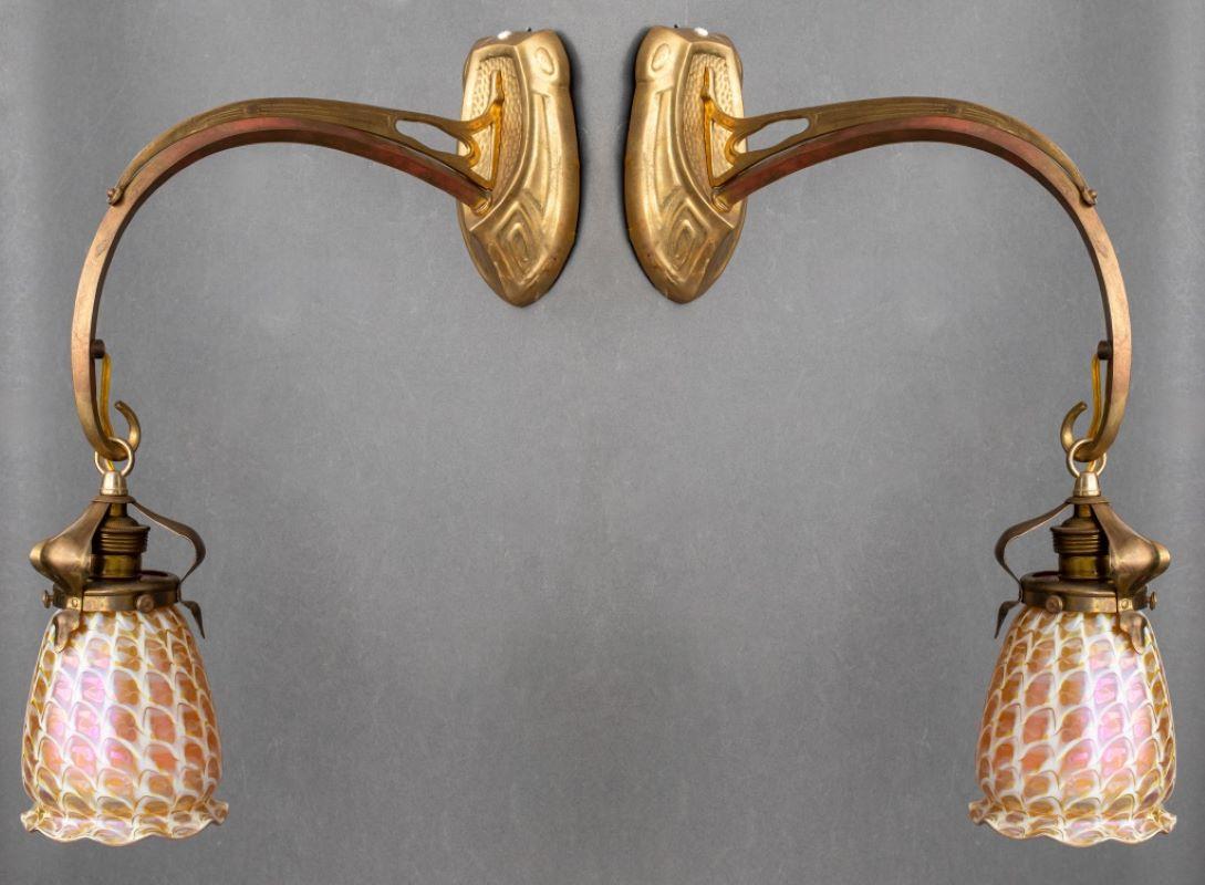 Art Nouveau Gilt Bronze & Quezal Glass Sconces, 2 For Sale 6