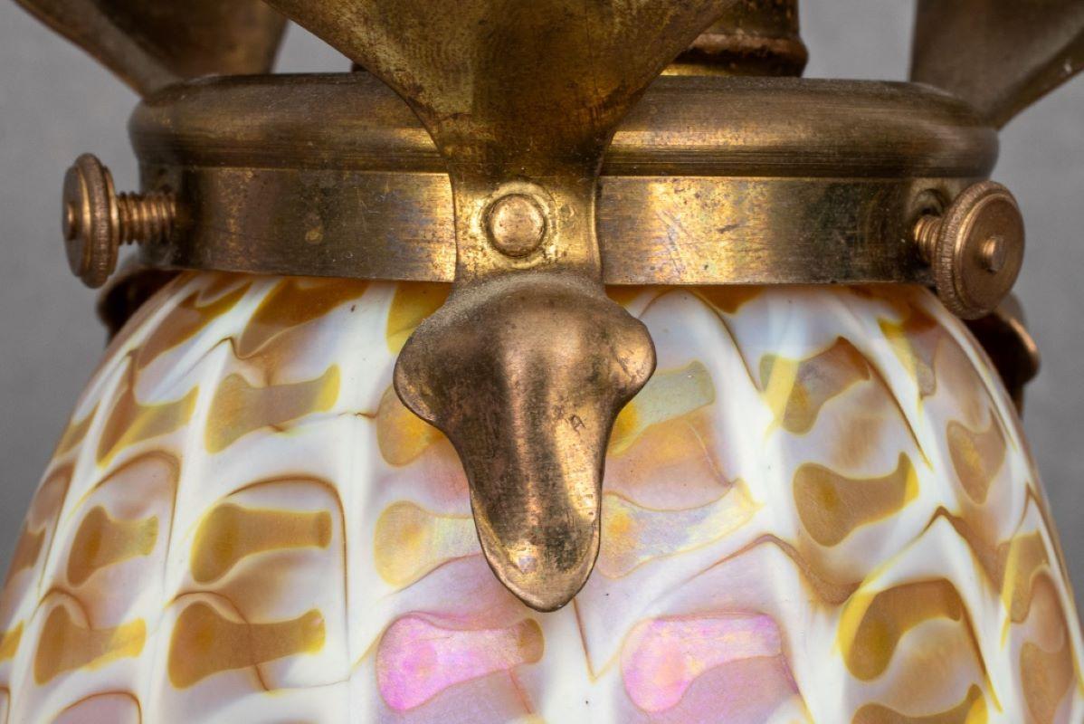 Art Nouveau Gilt Bronze & Quezal Glass Sconces, 2 For Sale 2