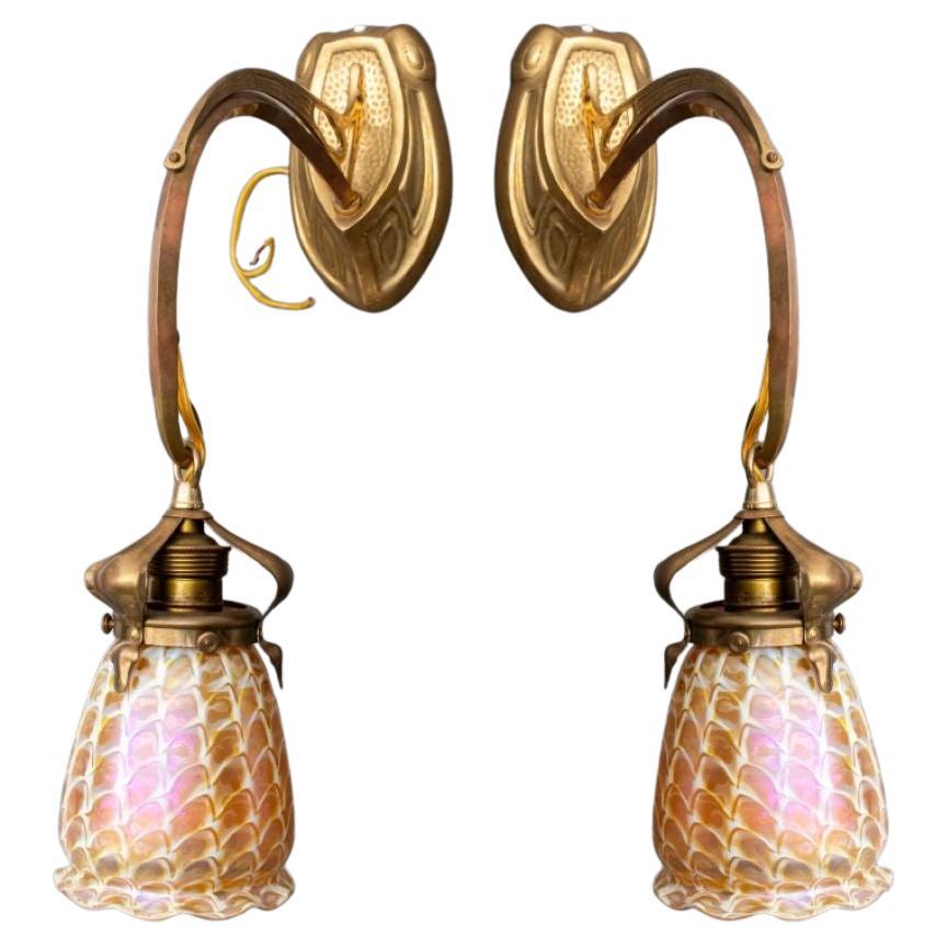 Art Nouveau Gilt Bronze & Quezal Glass Sconces, 2 For Sale