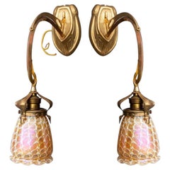 Vintage Art Nouveau Gilt Bronze & Quezal Glass Sconces, 2