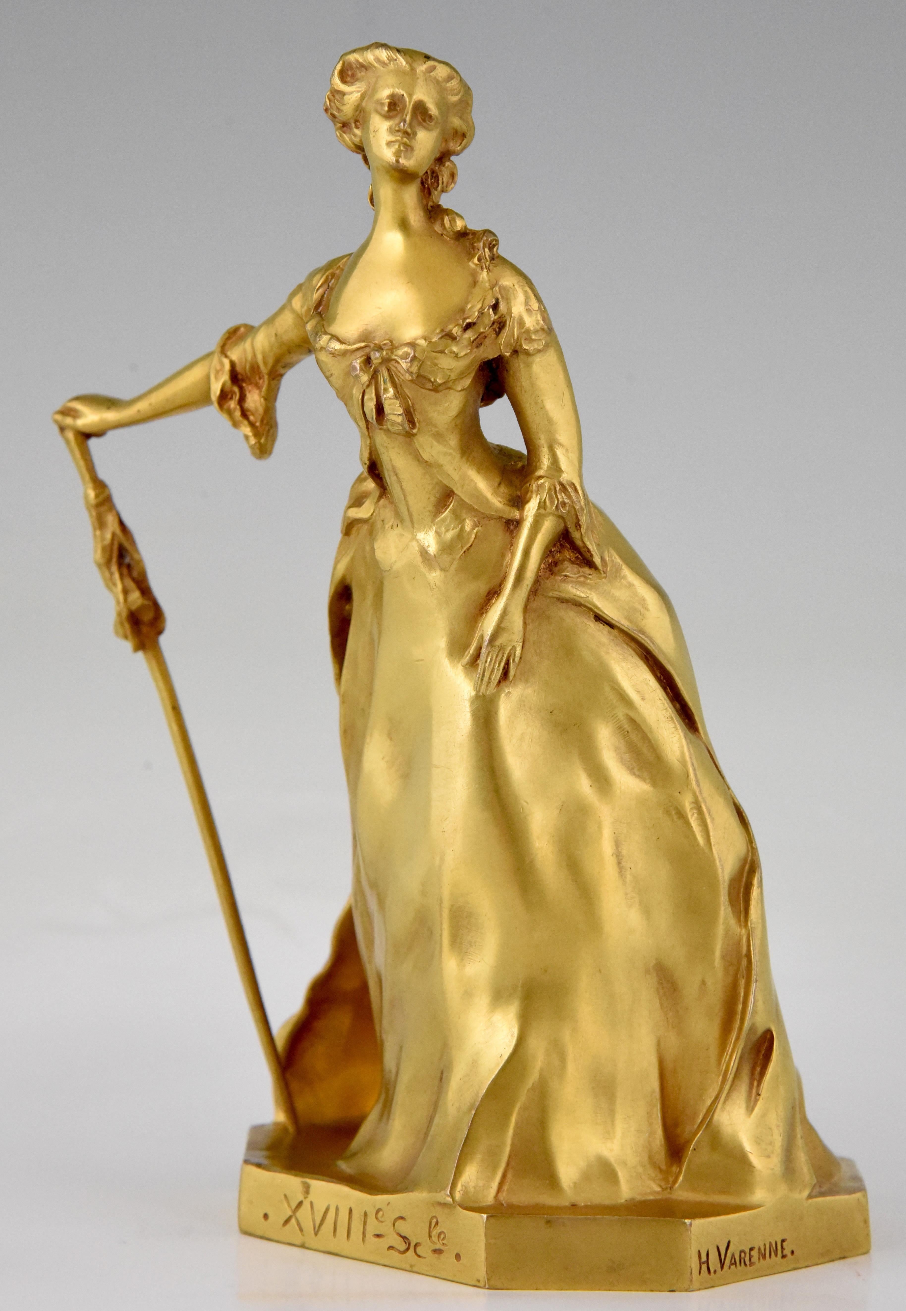 French Art Nouveau Gilt Bronze Sculpture Elegant Woman Henri Frederic Varenne France