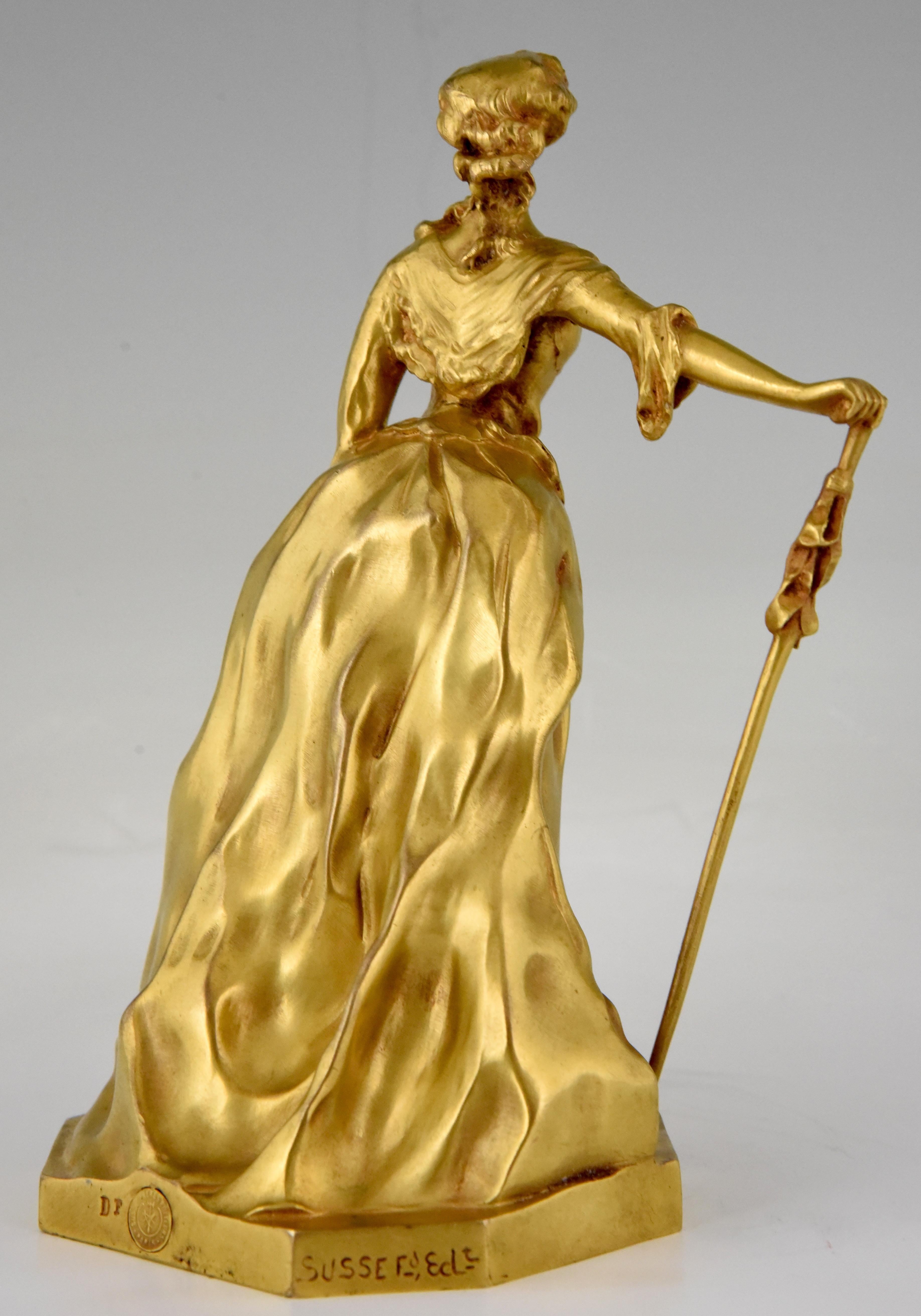 Art Nouveau Gilt Bronze Sculpture Elegant Woman Henri Frederic Varenne France 1