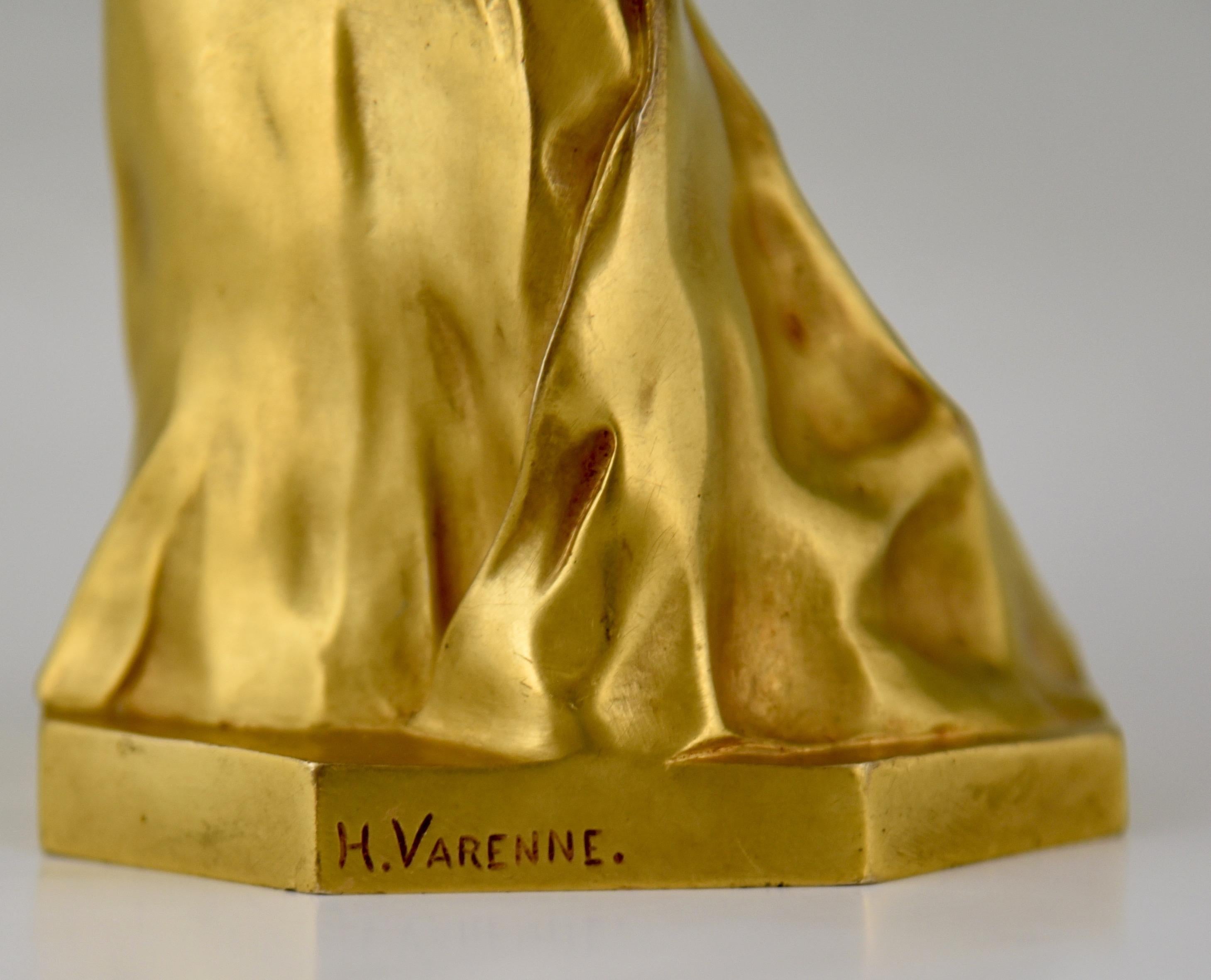 Art Nouveau Gilt Bronze Sculpture Elegant Woman Henri Frederic Varenne France 4