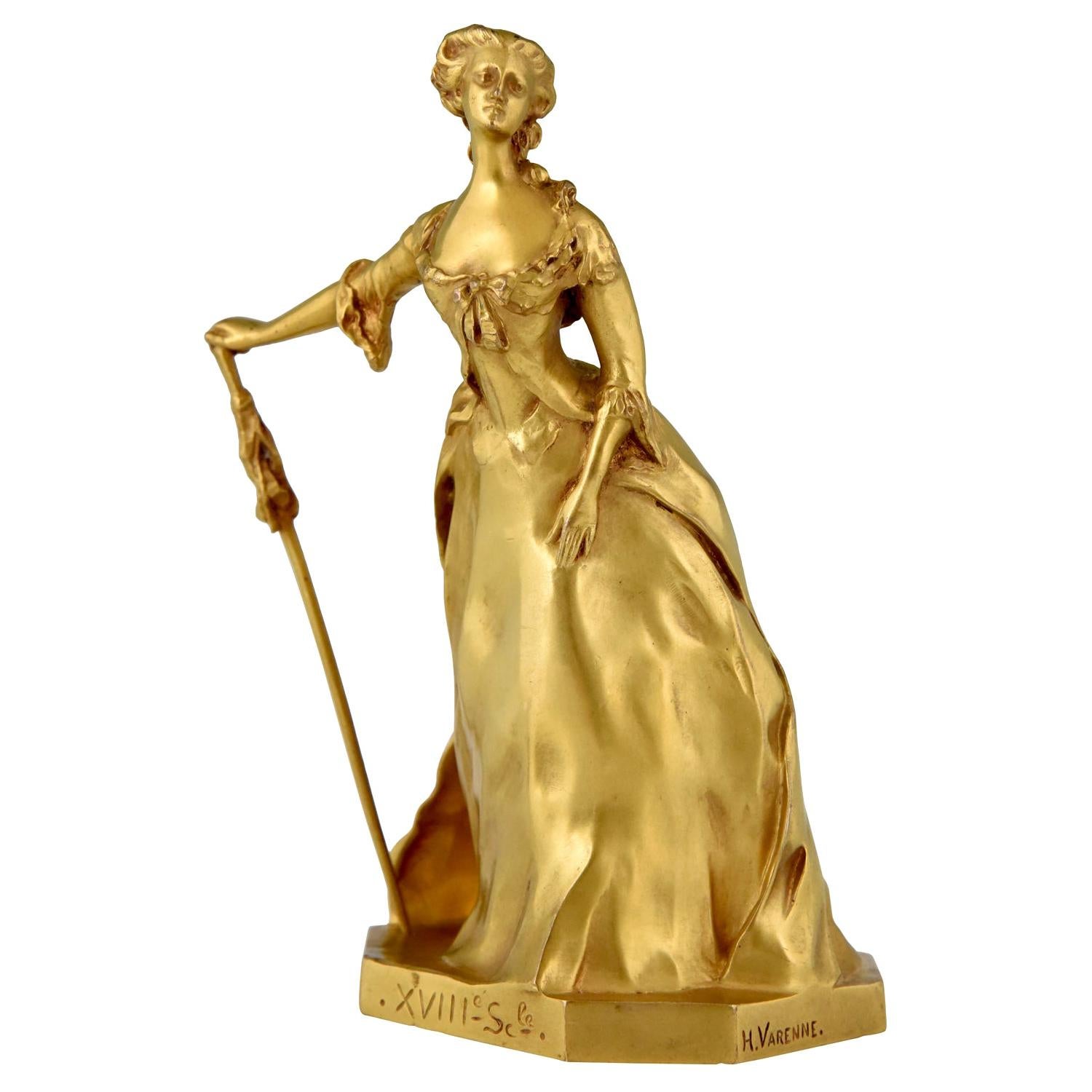 Art Nouveau Gilt Bronze Sculpture Elegant Woman Henri Frederic Varenne France