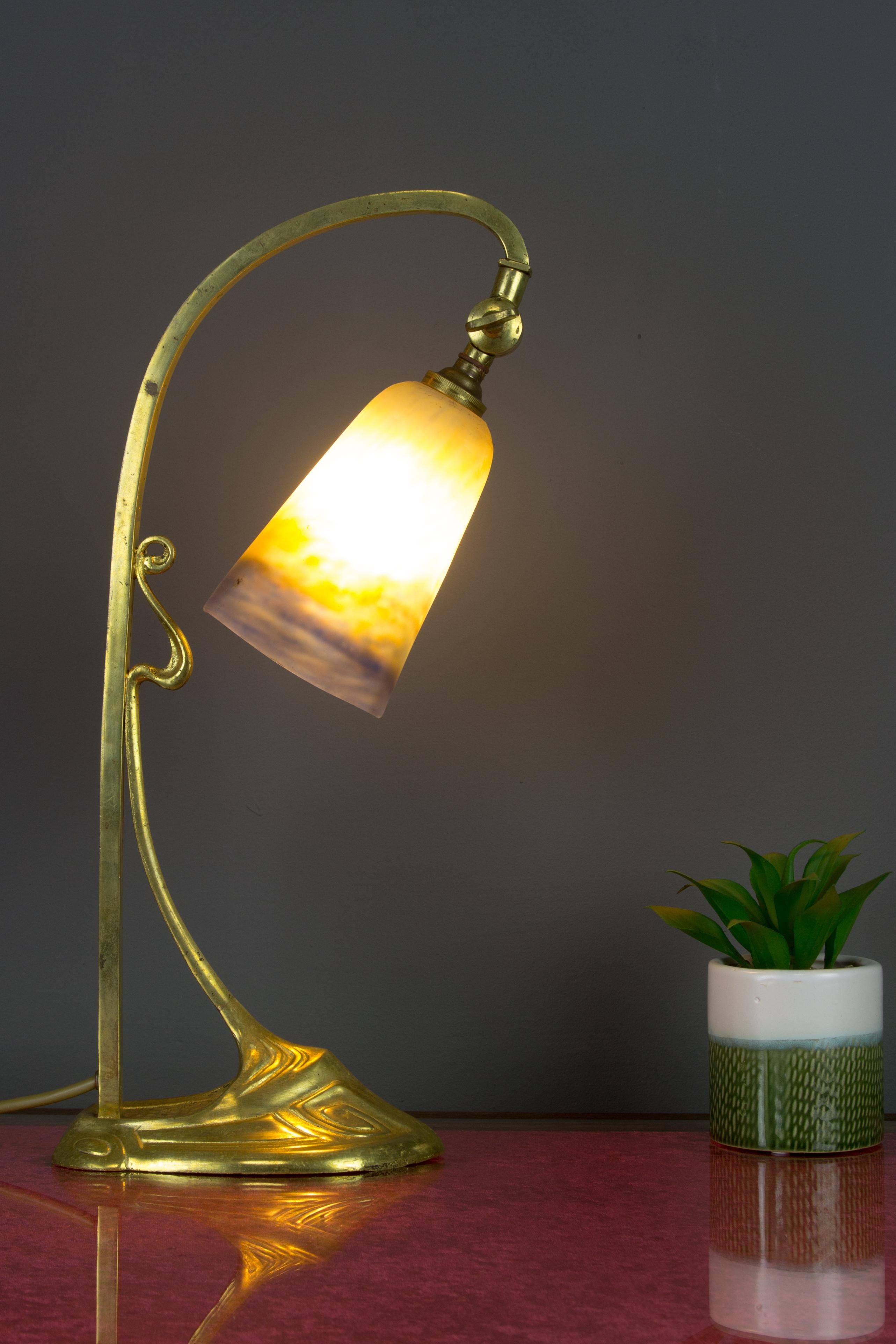 Art Nouveau Gilt Bronze Table Lamp with Signed Muller Frères Glass Shade, 1920s 3