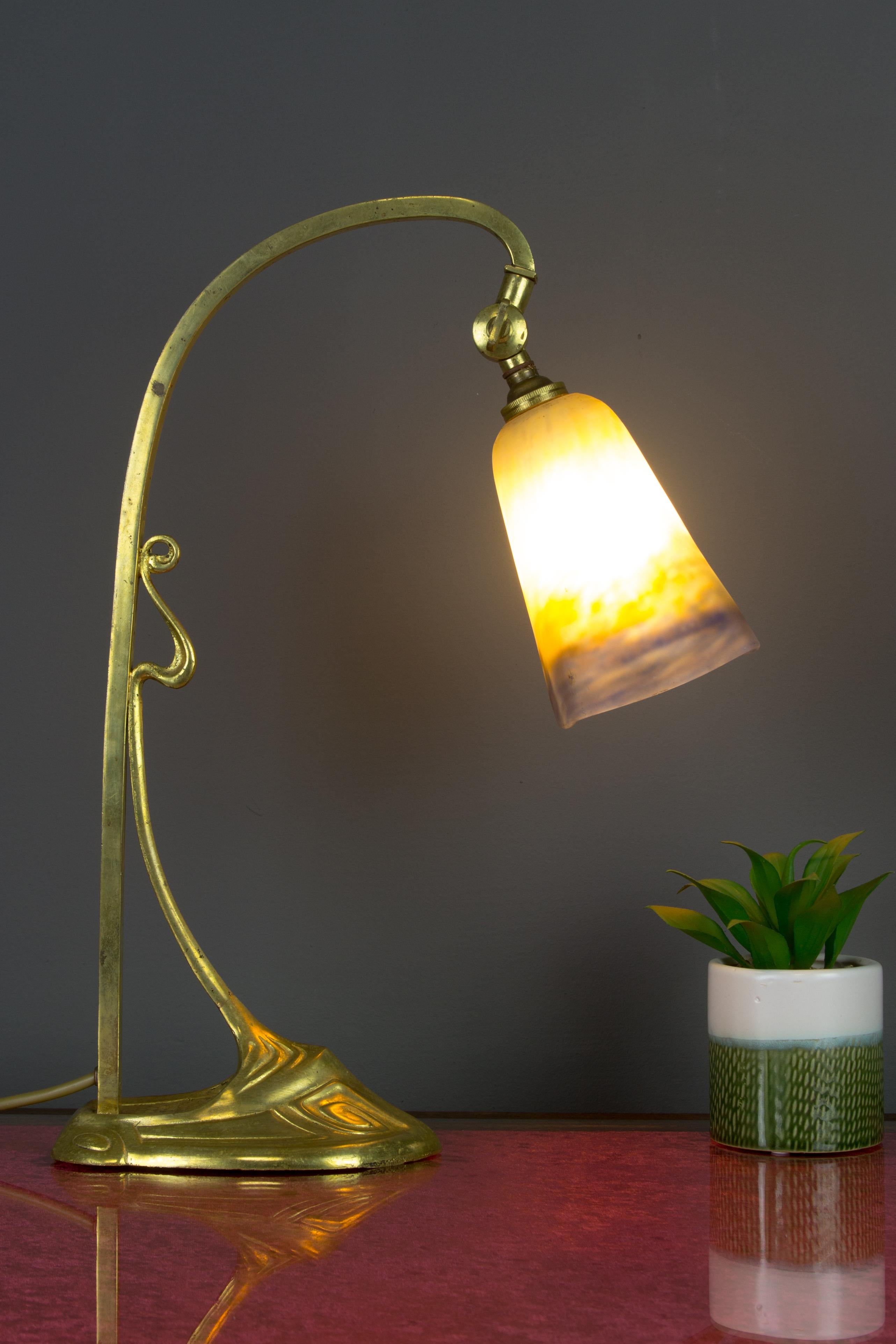 Art Nouveau Gilt Bronze Table Lamp with Signed Muller Frères Glass Shade, 1920s 4