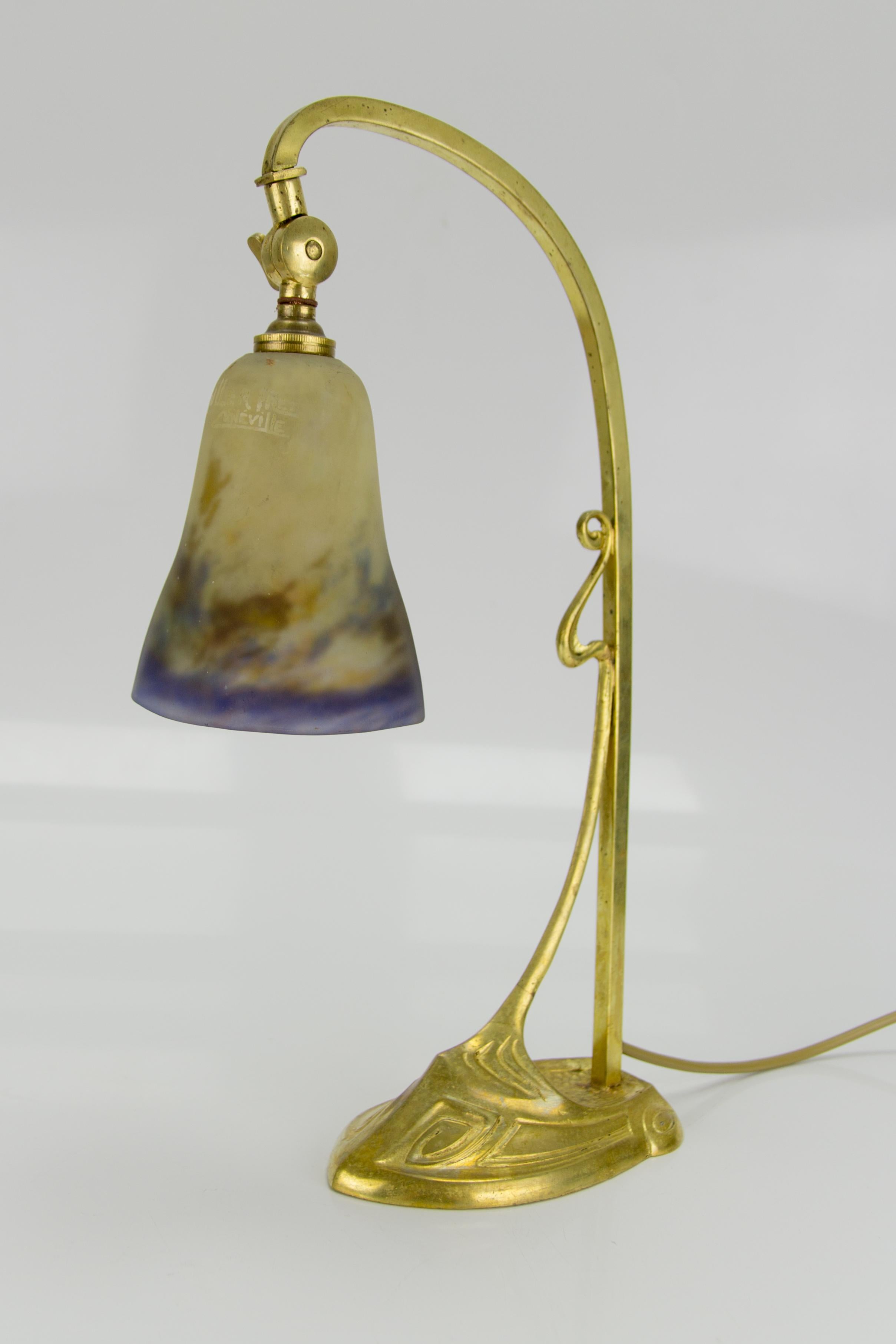 Art Nouveau Gilt Bronze Table Lamp with Signed Muller Frères Glass Shade, 1920s 5