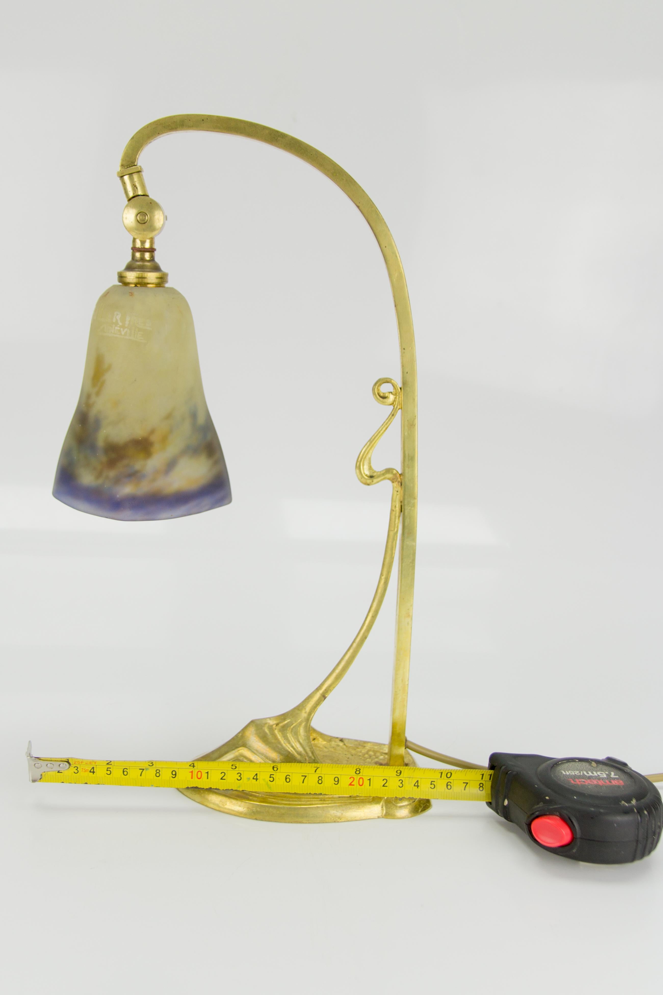 Art Nouveau Gilt Bronze Table Lamp with Signed Muller Frères Glass Shade, 1920s 11