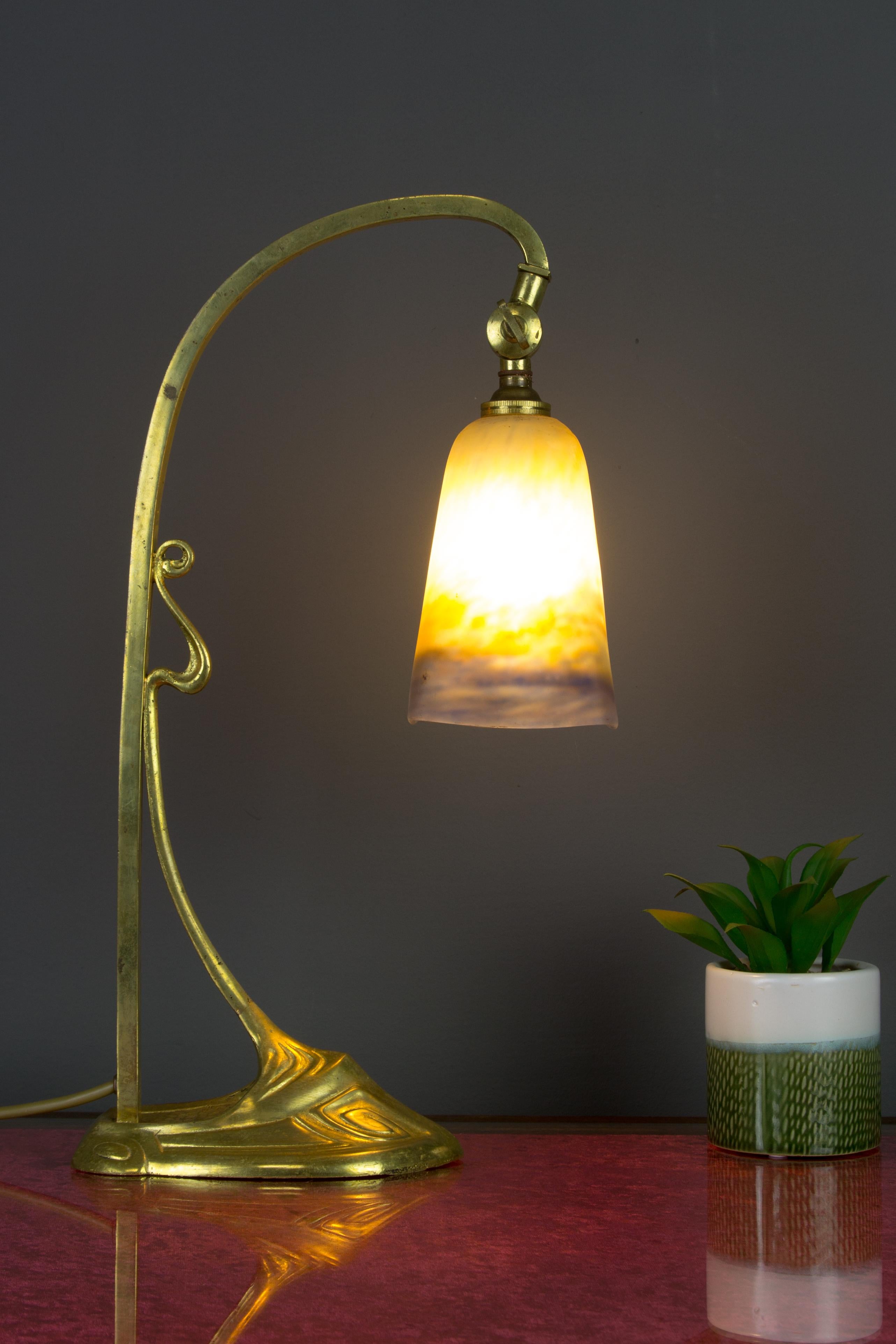 Art Nouveau Gilt Bronze Table Lamp with Signed Muller Frères Glass Shade, 1920s 2