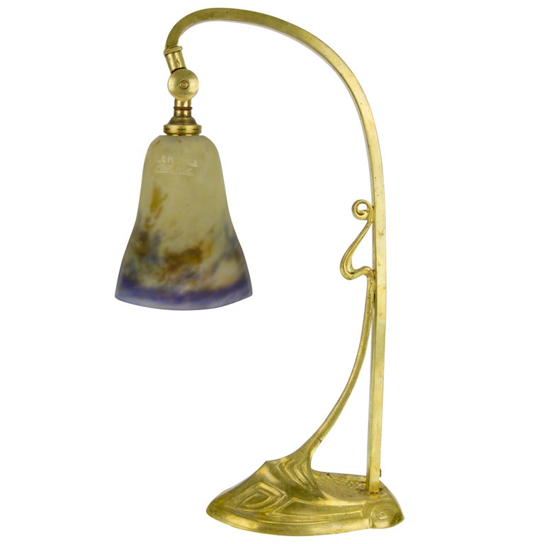 Art Nouveau Gilt Bronze Table Lamp with Signed Muller Frères Glass Shade,  1920s For Sale at 1stDibs