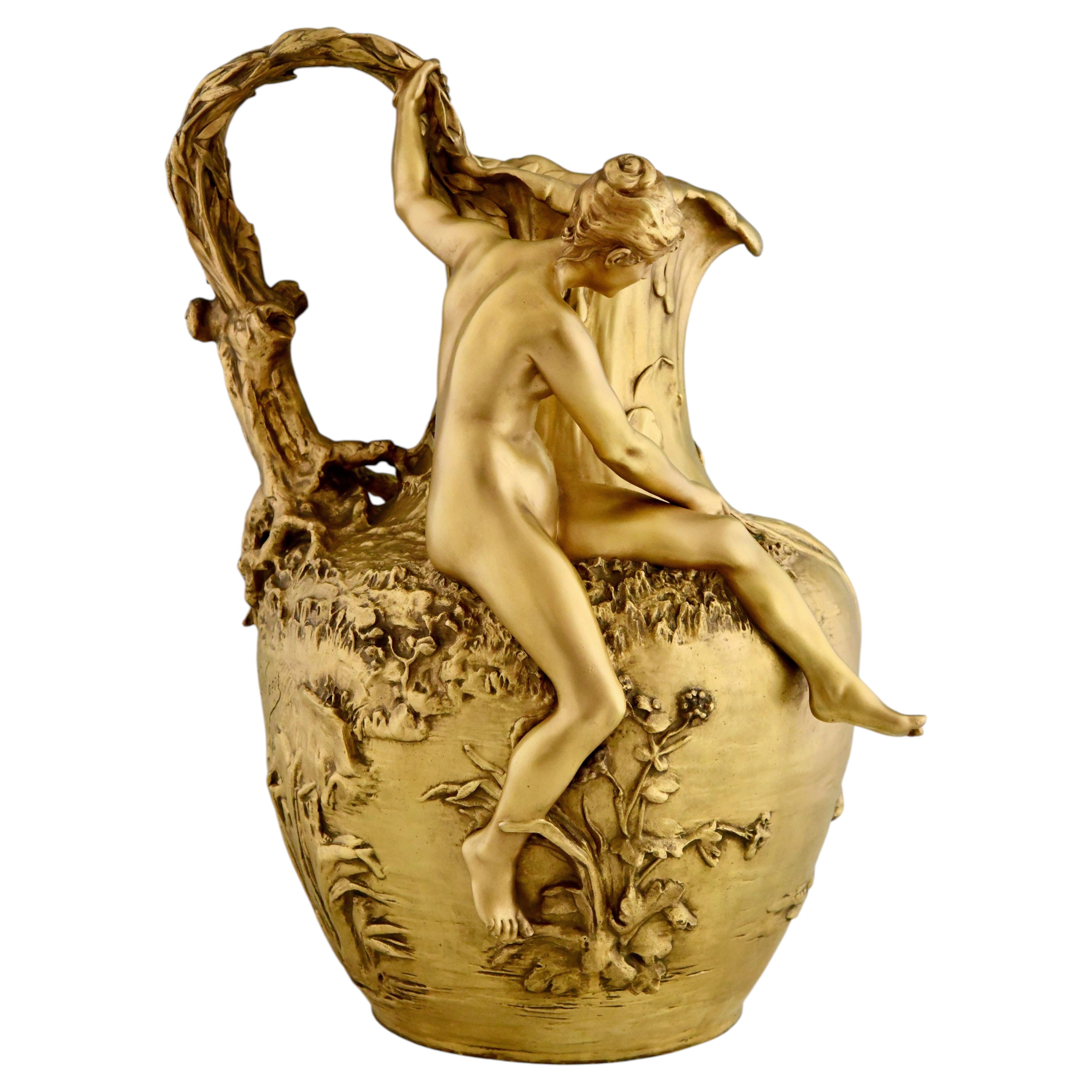Vaso in bronzo dorato Art Nouveau "La pêche au filet" Alexandre Vibert Francia 1898