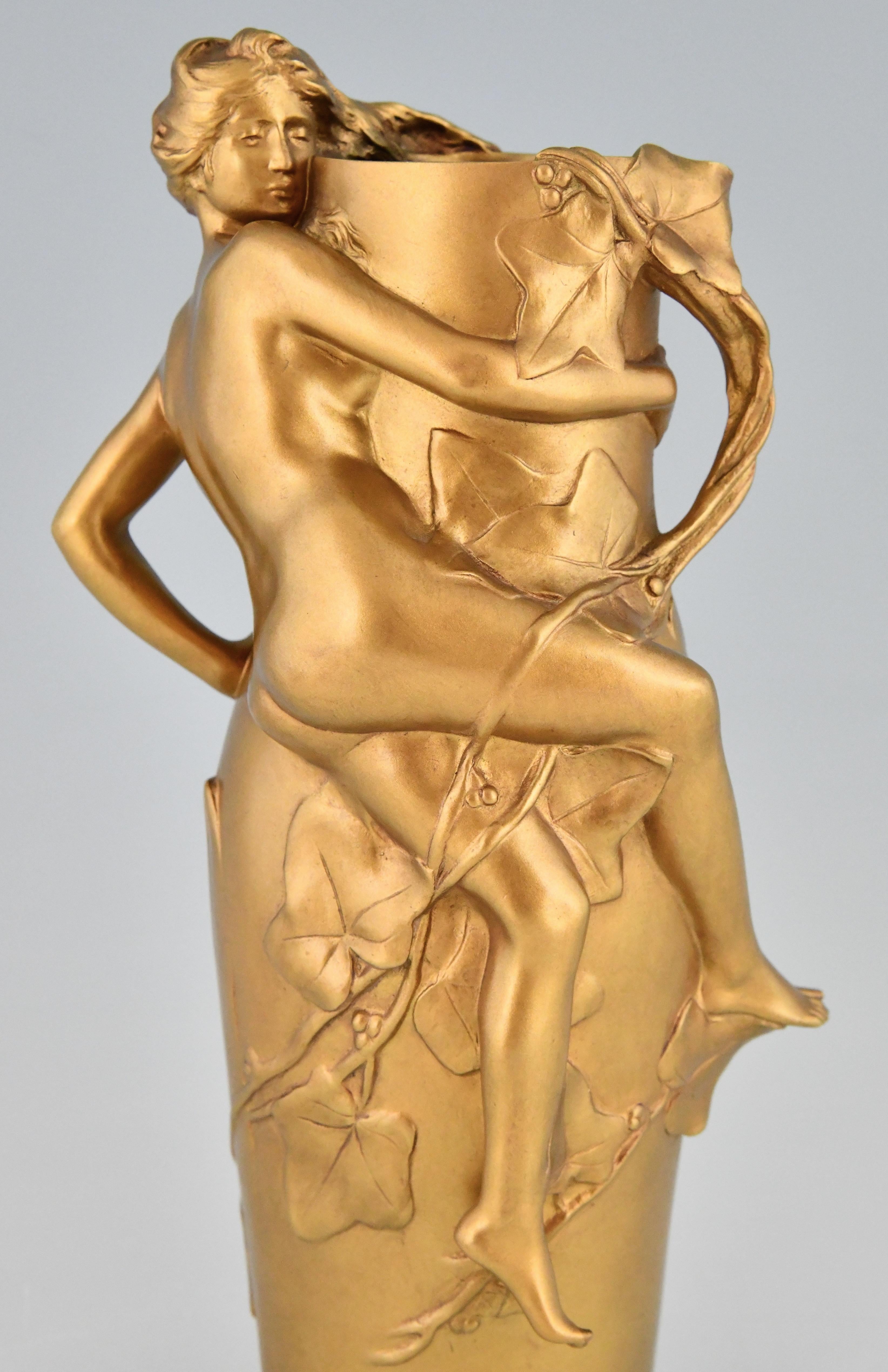 Art Nouveau Gilt Bronze Vase with Nude and Leaves Maurice Bouval, France, 1910 5