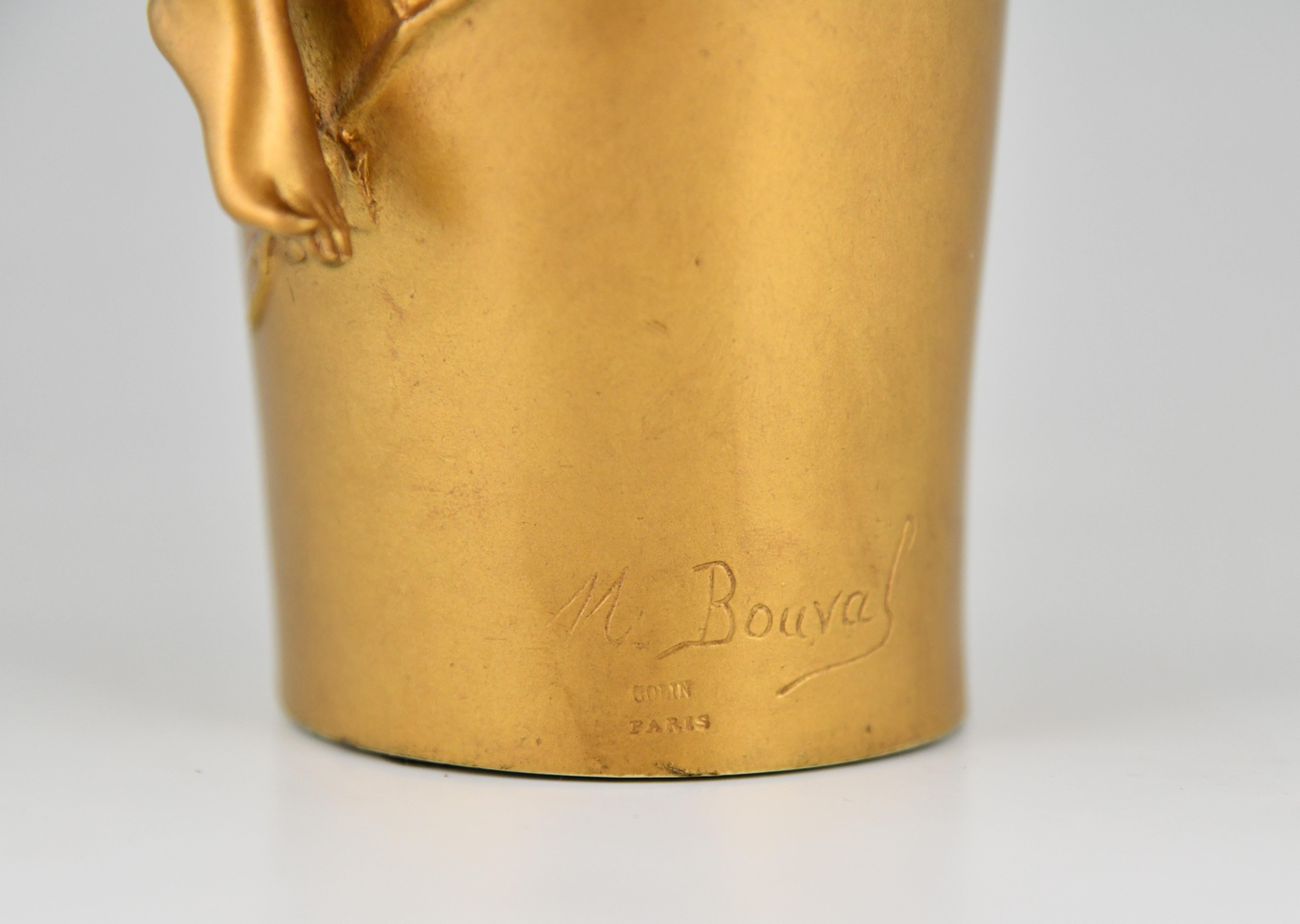 Art Nouveau Gilt Bronze Vase with Nude and Leaves Maurice Bouval, France, 1910 6