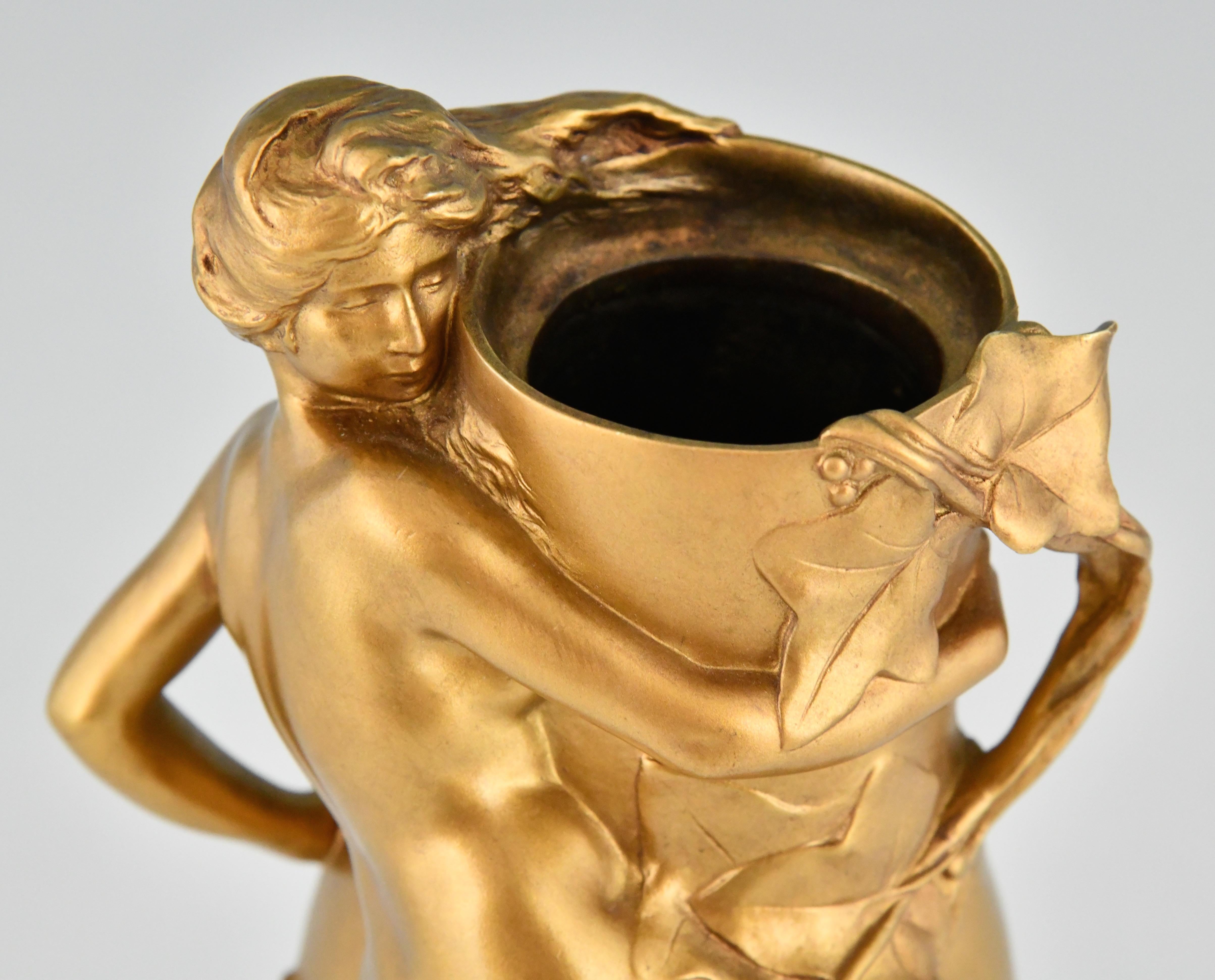 Art Nouveau Gilt Bronze Vase with Nude and Leaves Maurice Bouval, France, 1910 7