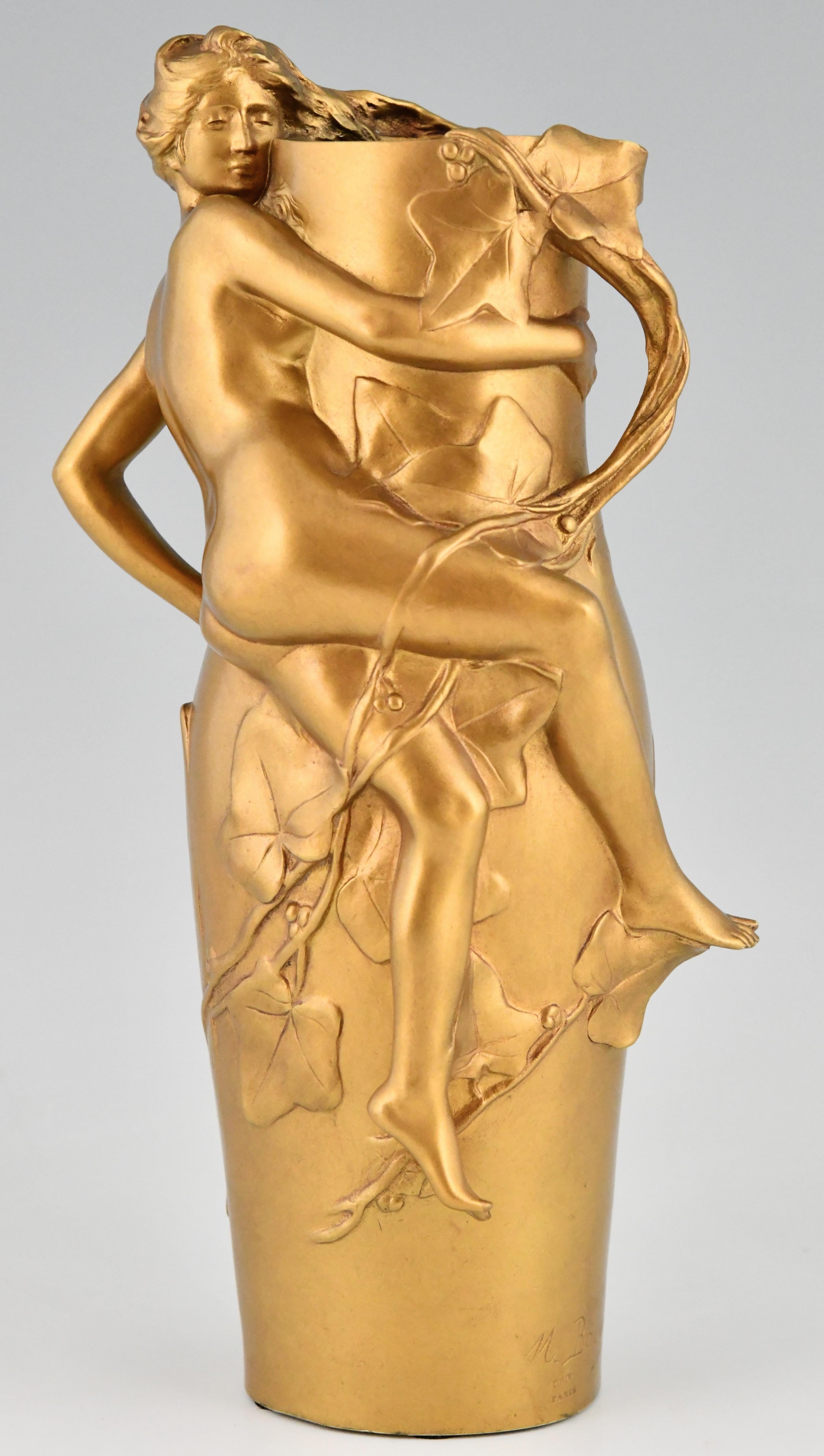 French Art Nouveau Gilt Bronze Vase with Nude and Leaves Maurice Bouval, France, 1910