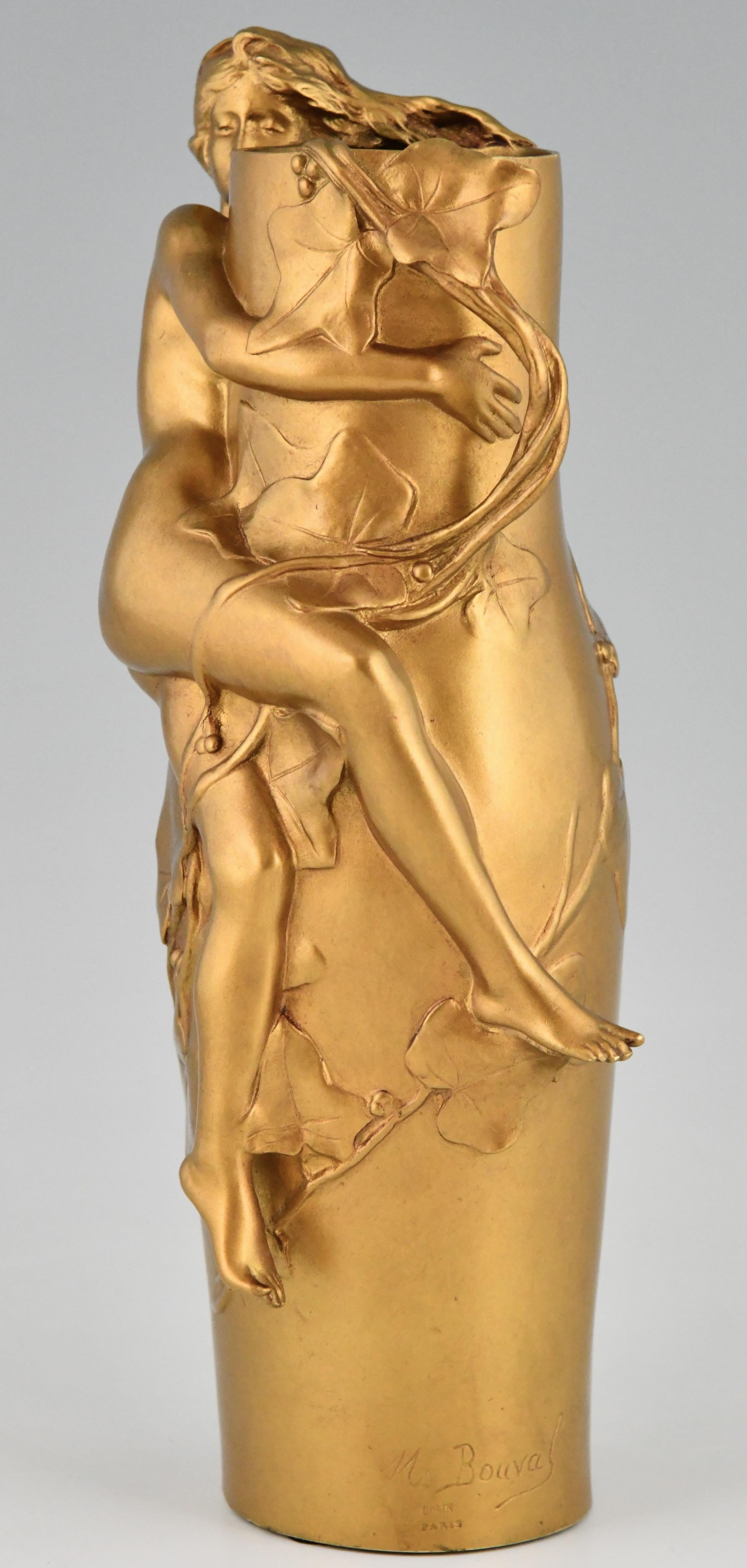 Art Nouveau Gilt Bronze Vase with Nude and Leaves Maurice Bouval, France, 1910 In Good Condition In Antwerp, BE