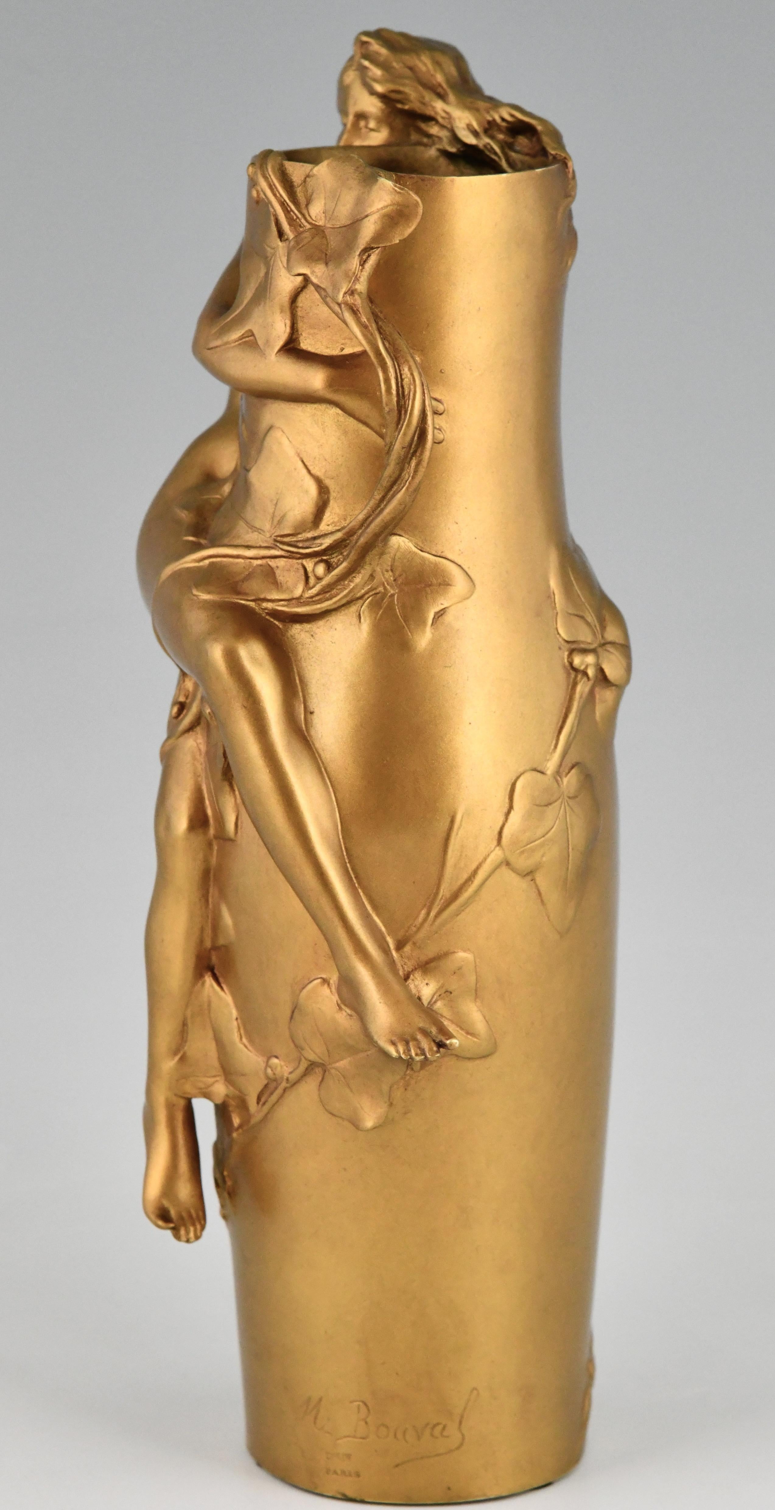 20th Century Art Nouveau Gilt Bronze Vase with Nude and Leaves Maurice Bouval, France, 1910