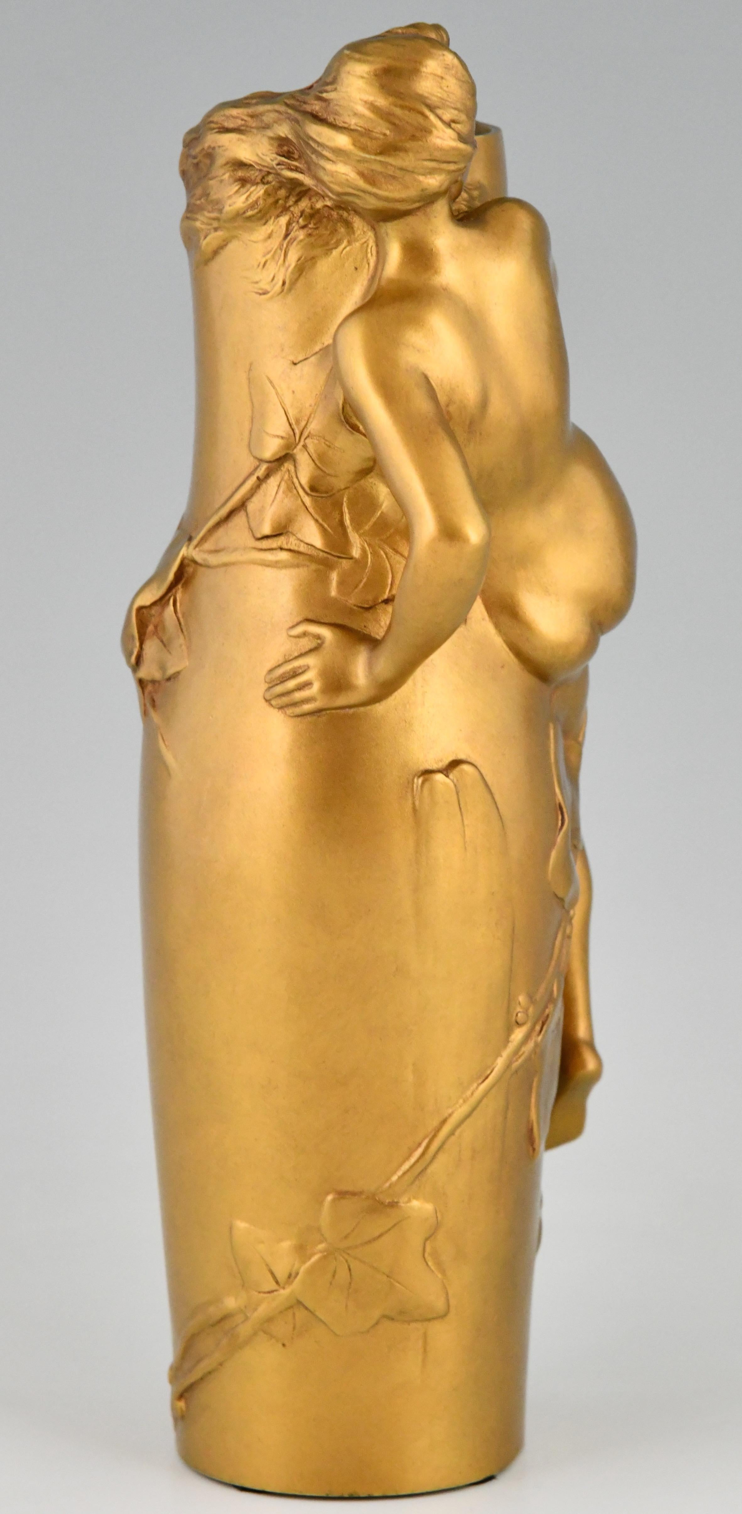 Art Nouveau Gilt Bronze Vase with Nude and Leaves Maurice Bouval, France, 1910 2
