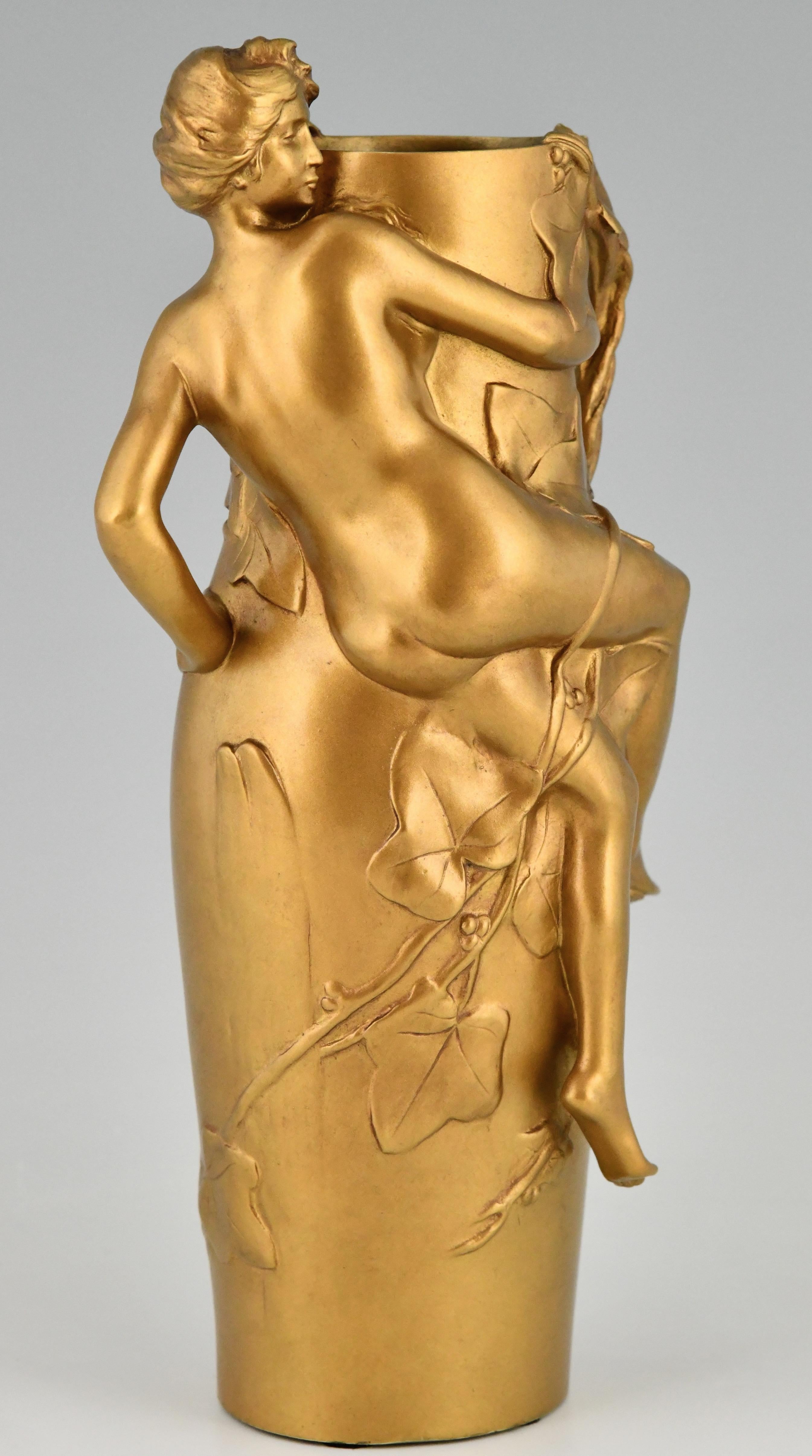 Art Nouveau Gilt Bronze Vase with Nude and Leaves Maurice Bouval, France, 1910 3