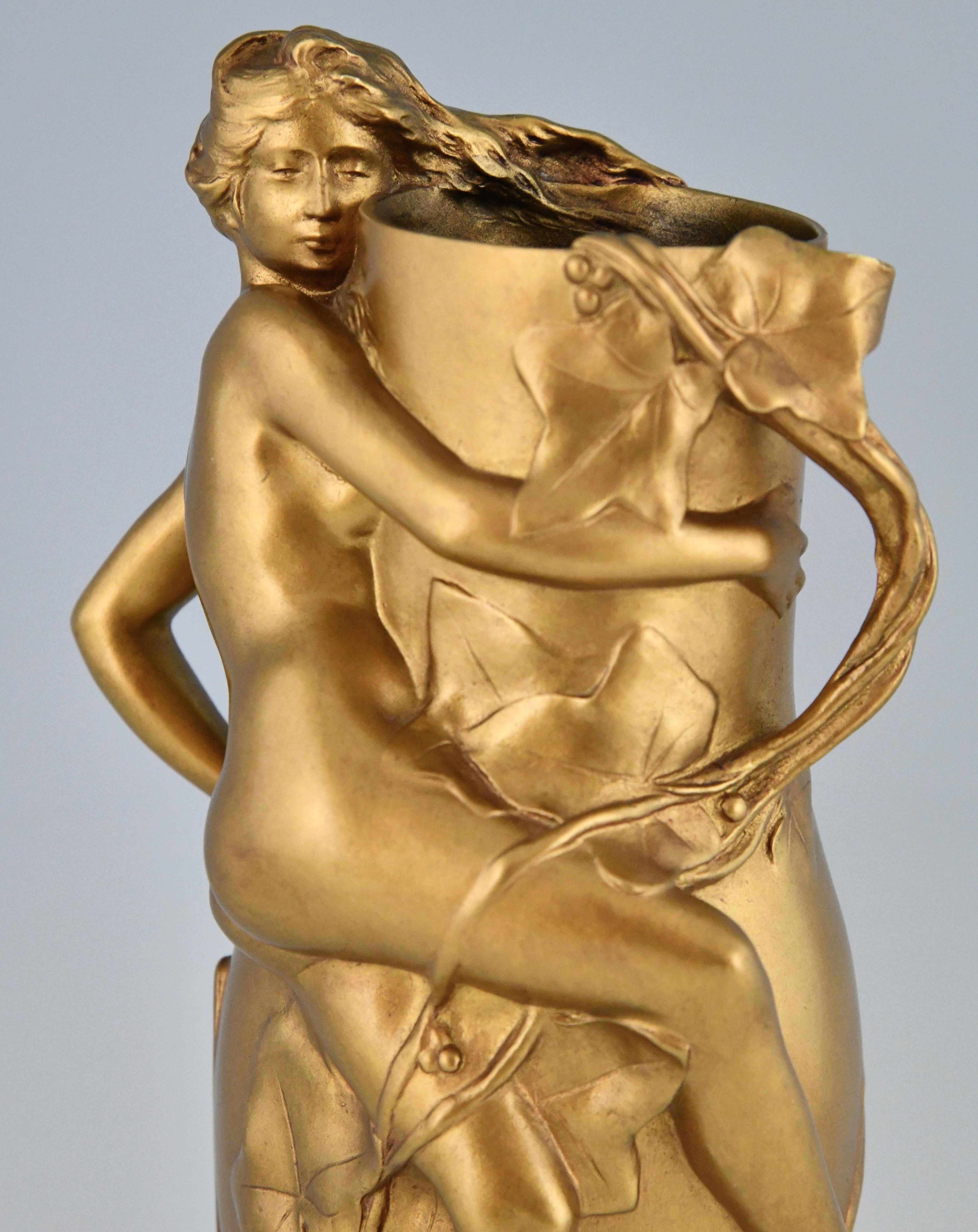 Art Nouveau Gilt Bronze Vase with Nude and Leaves Maurice Bouval, France, 1910 4