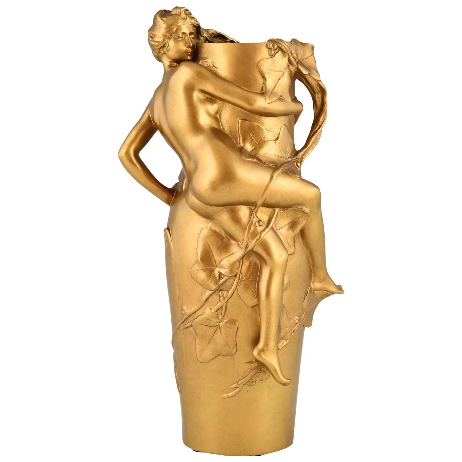 Art Nouveau Gilt Bronze Vase with Nude and Leaves Maurice Bouval, France, 1910