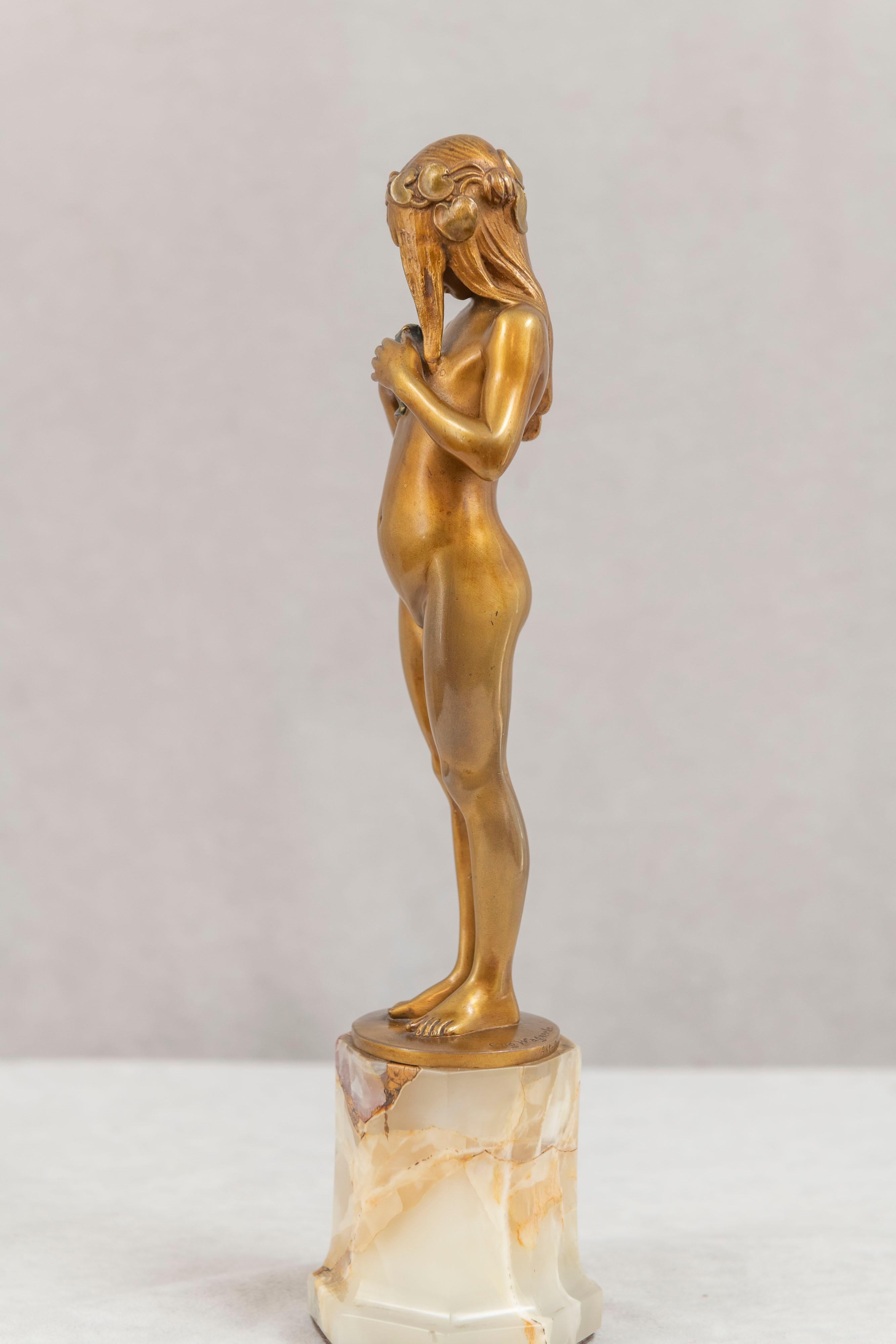 Art Nouveau Gilt Bronze Young Female Nude Holding Her Pet Frog 2