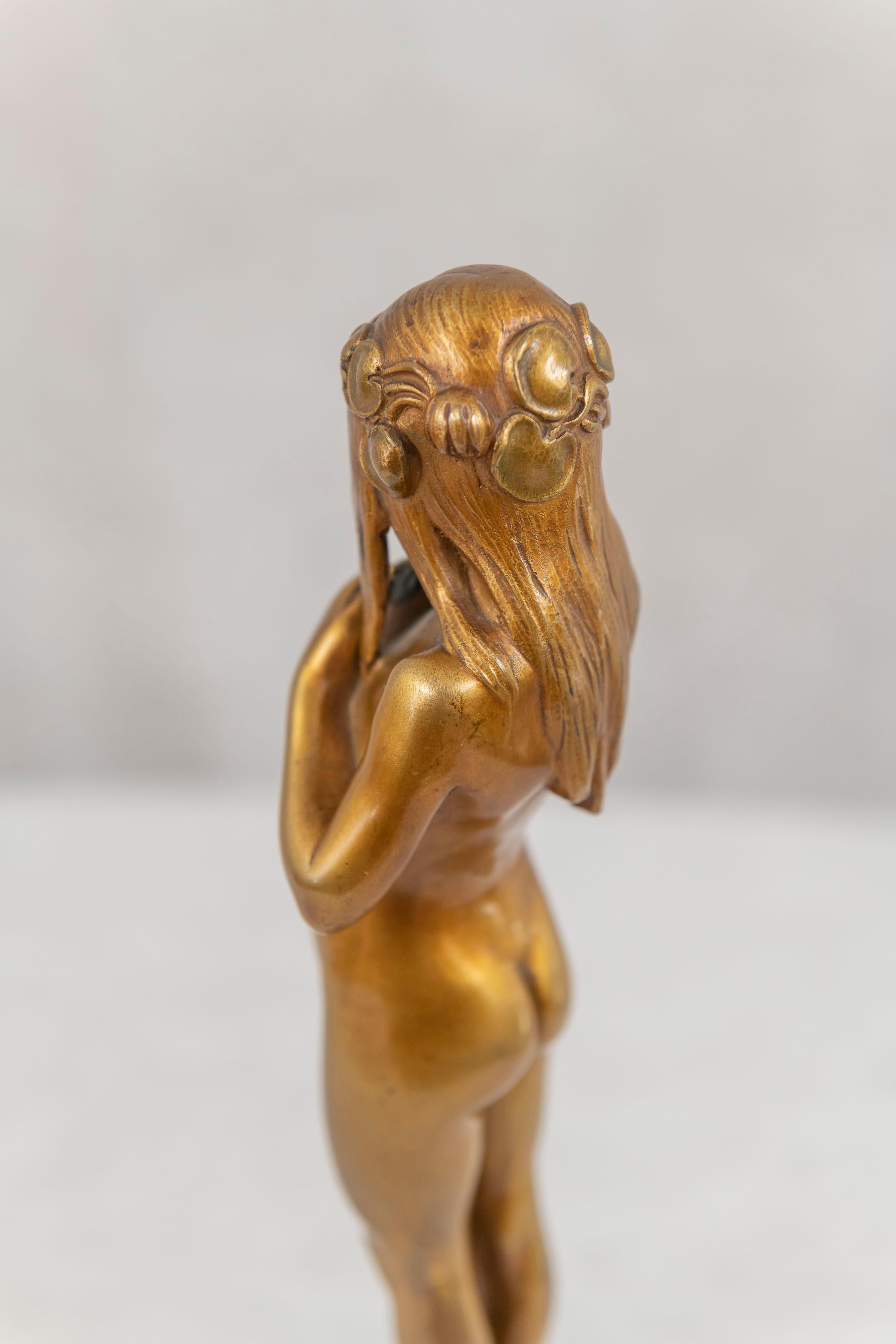 Art Nouveau Gilt Bronze Young Female Nude Holding Her Pet Frog 3