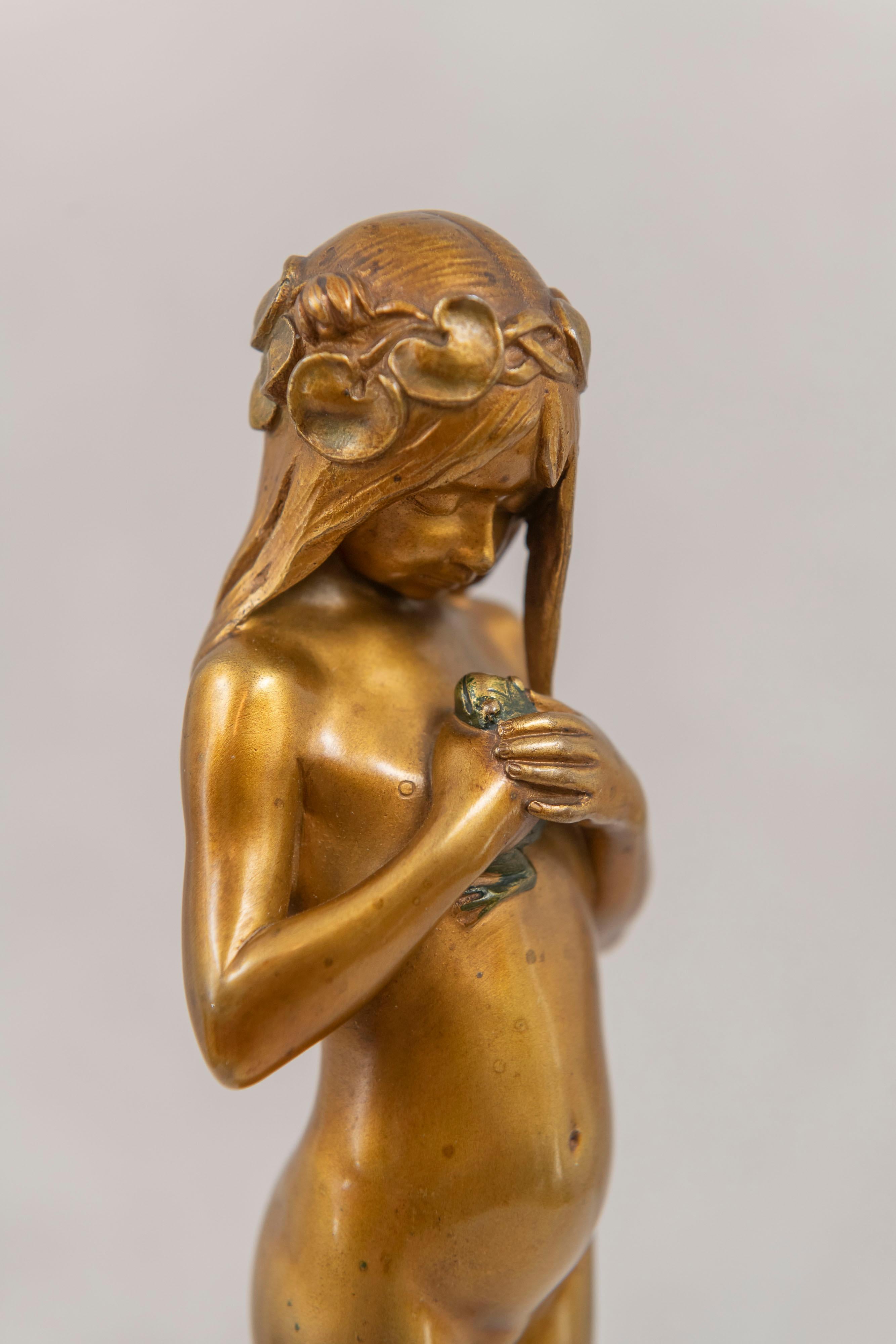 Art Nouveau Gilt Bronze Young Female Nude Holding Her Pet Frog 4