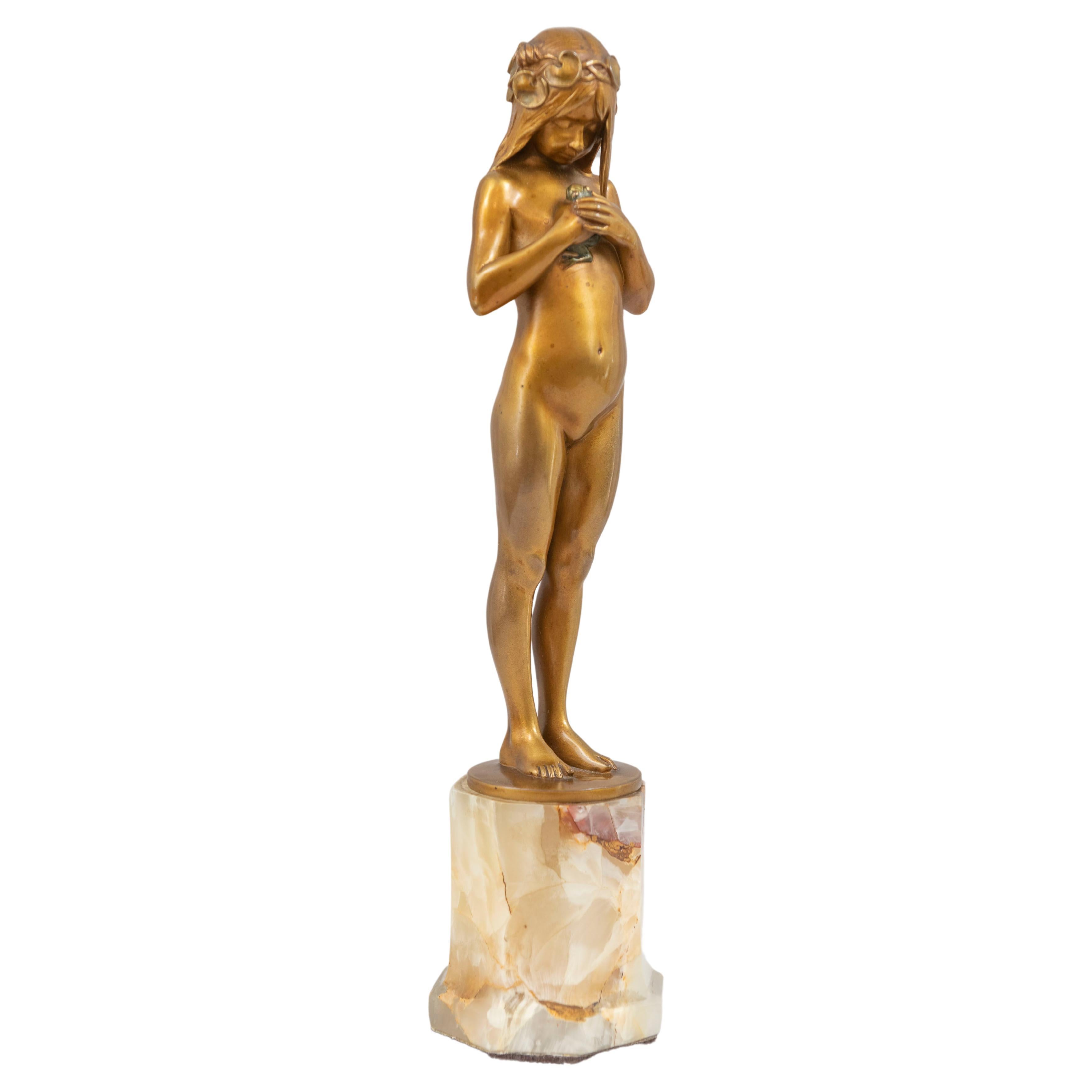 Art Nouveau Gilt Bronze Young Female Nude Holding Her Pet Frog