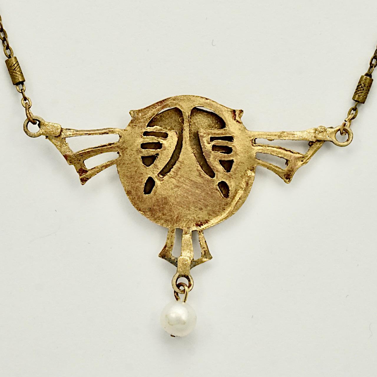 Art Nouveau Gilt Metal Lady Pendant with Cultured Pearl and Fancy Link Chain In Good Condition In London, GB
