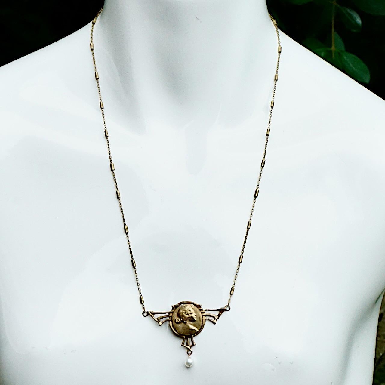 Art Nouveau Gilt Metal Lady Pendant with Cultured Pearl and Fancy Link Chain 2