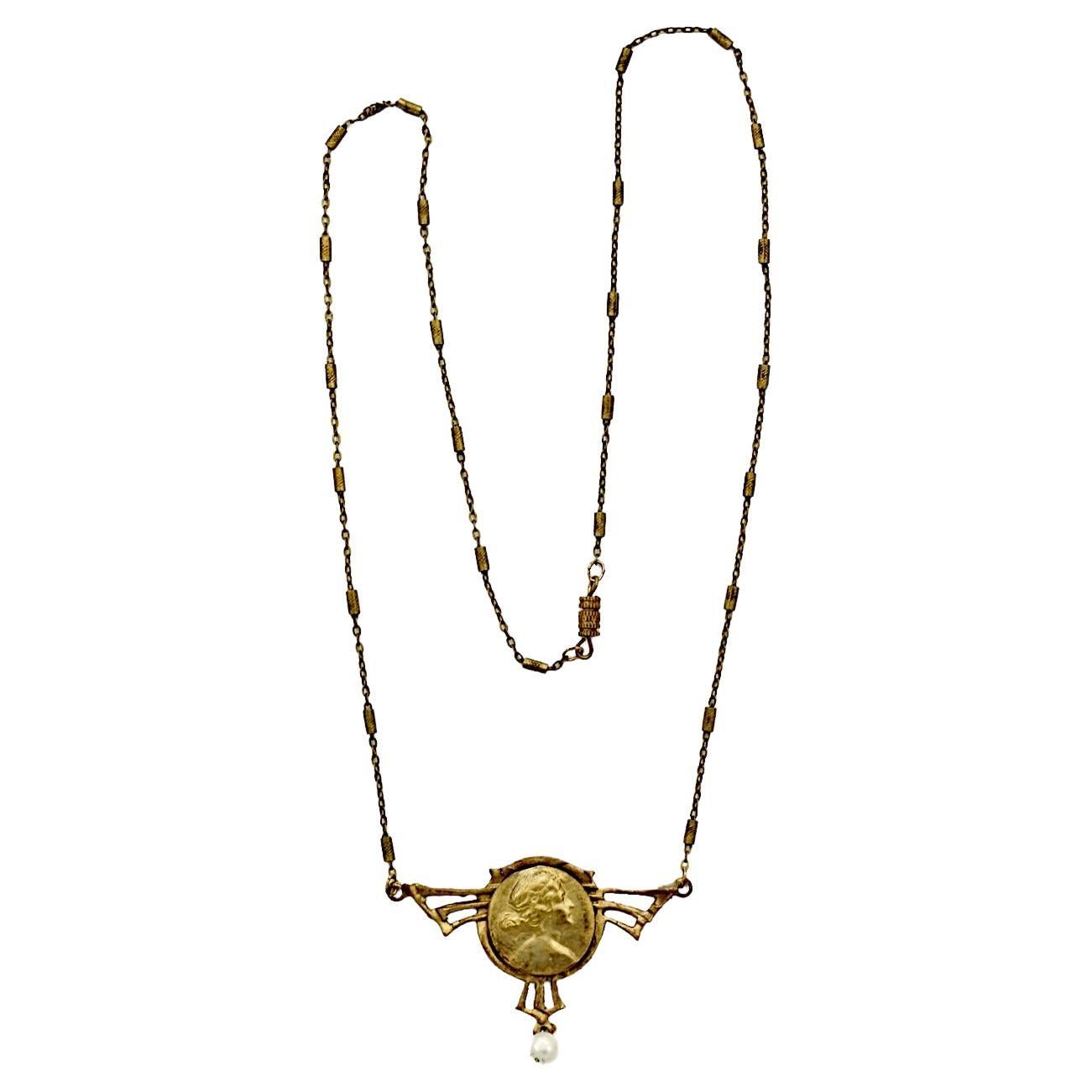 Art Nouveau Gilt Metal Lady Pendant with Cultured Pearl and Fancy Link Chain
