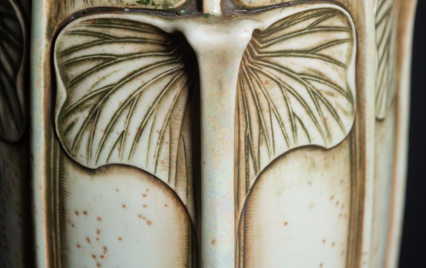 Earthenware Art Nouveau Ginko Leaf Vase Attrib to Paul Dachsel For Czechoslovakian Amphora For Sale