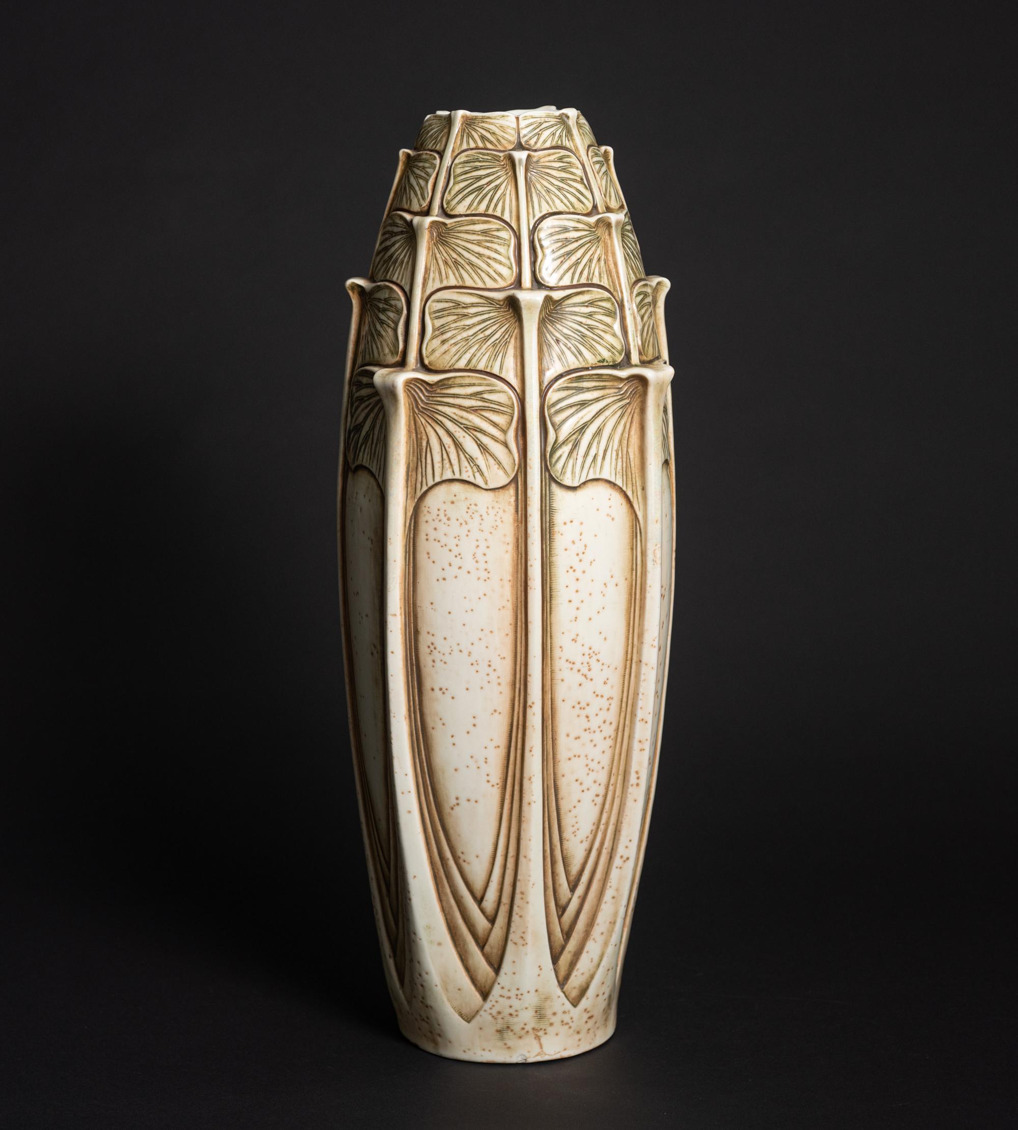 Glazed Art Nouveau Ginko Leaf Vase Attrib to Paul Dachsel For Czechoslovakian Amphora For Sale