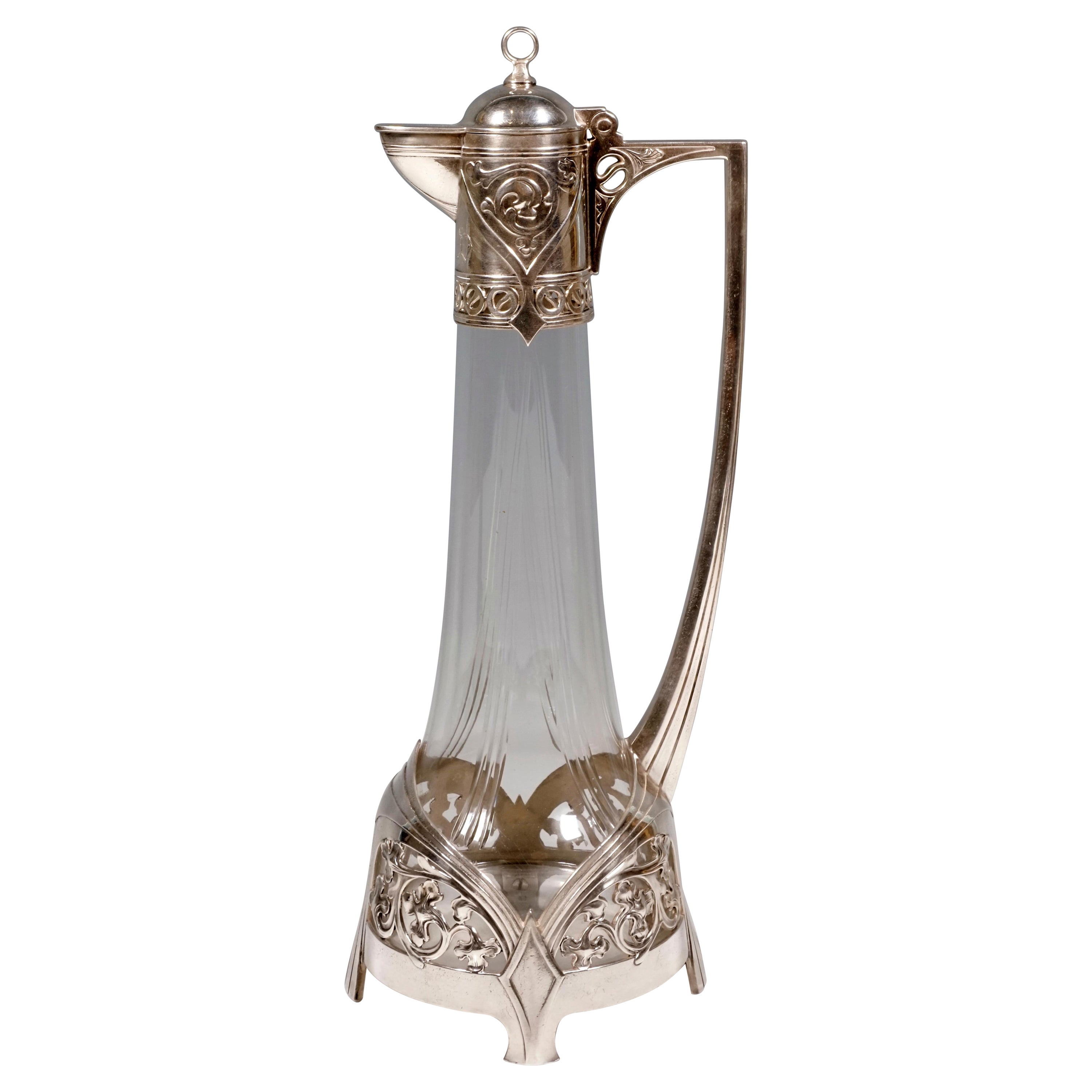 Carafe en verre Art Nouveau avec monture en métal argenté, WMF, Allemagne, 1903-1910