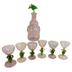 Juego de 6 copas y decantador de uvas de cristal Art Nouveau de Bimini, Vintage Austria