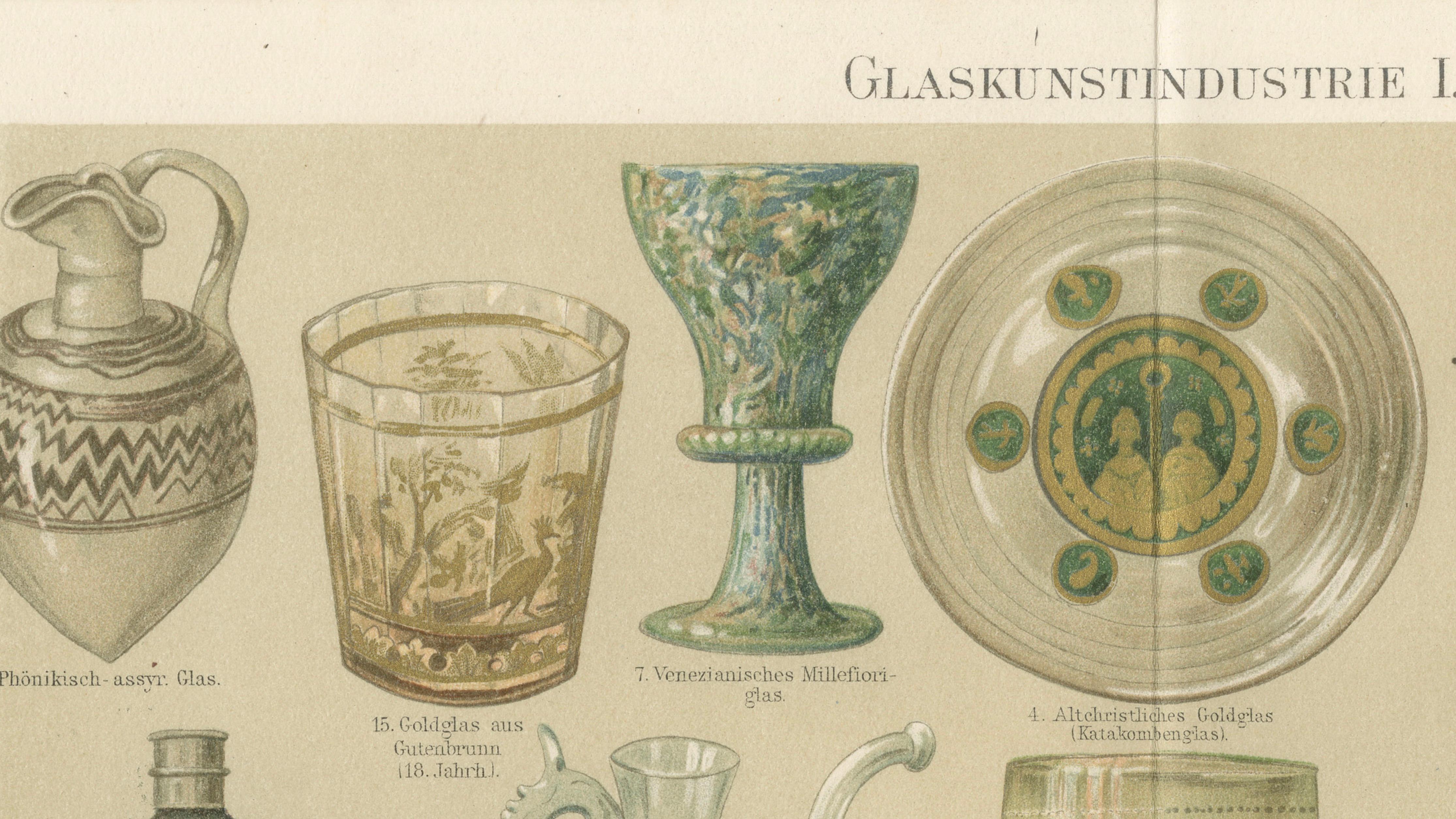 Art Nouveau Glass & Historic Glassmaking, Pair of Meyers Chromolithographs, 1898